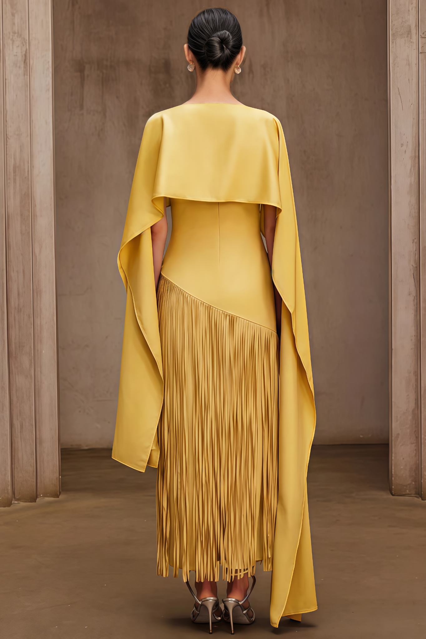 Sroge Yellow Shawl Fringe Maxi Dress