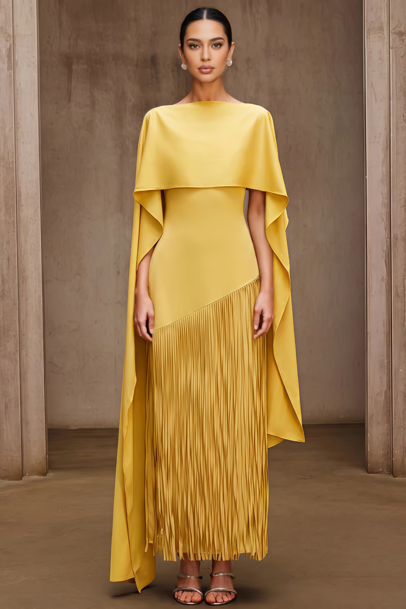 Sroge Yellow Shawl Fringe Maxi Dress