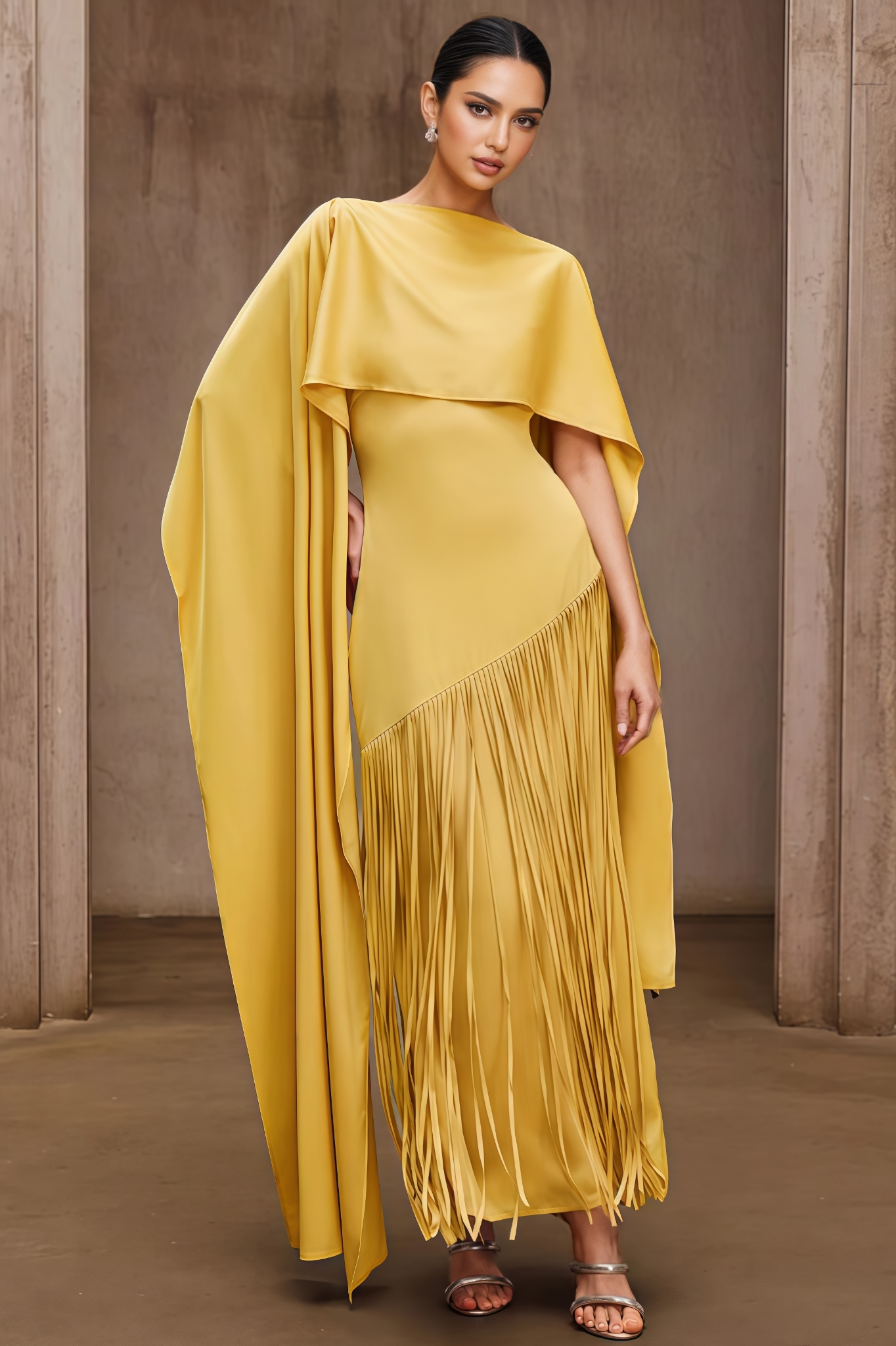 Sroge Yellow Shawl Fringe Maxi Dress