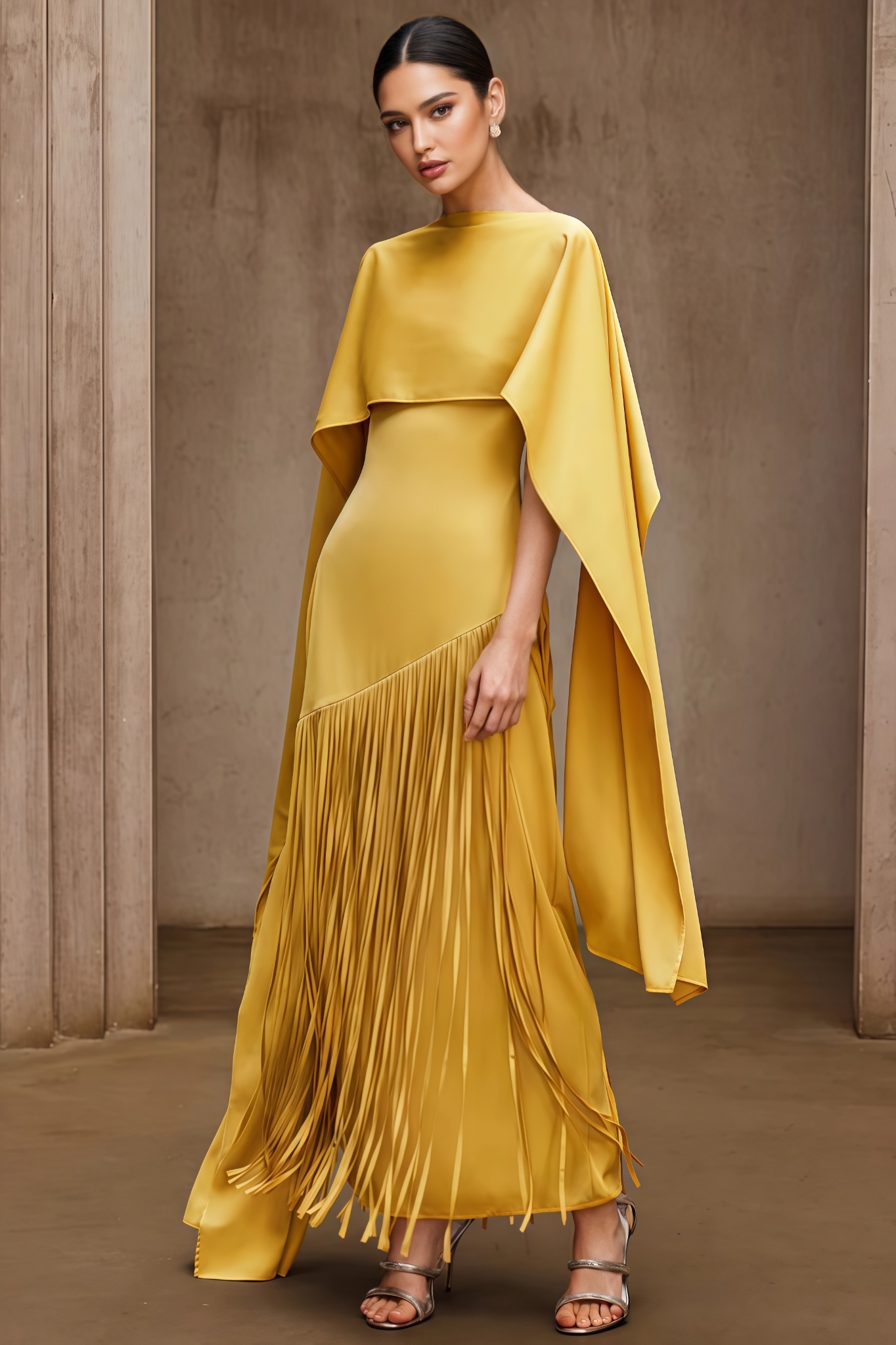 Sroge Yellow Shawl Fringe Maxi Dress