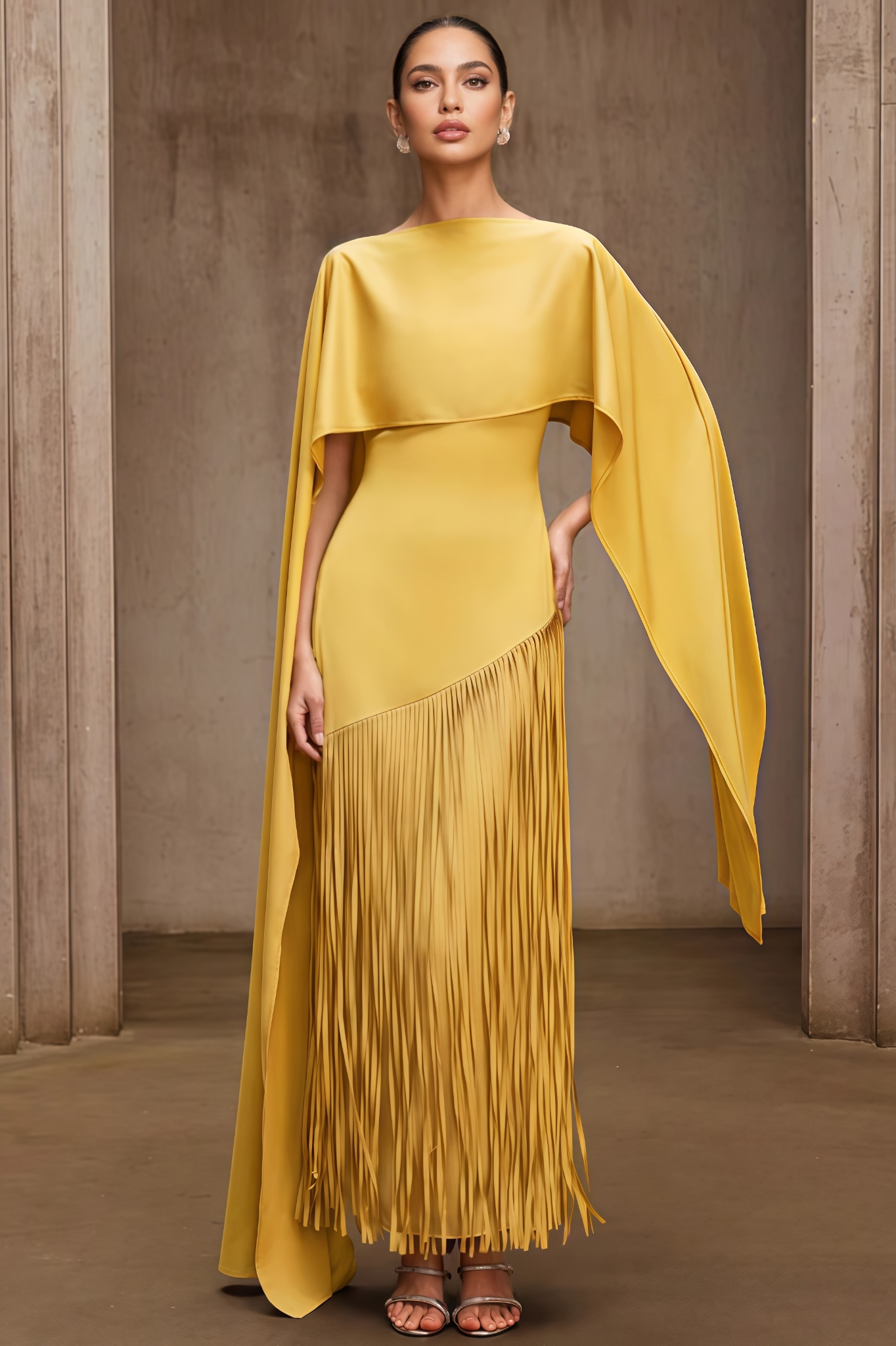 Sroge Yellow Shawl Fringe Maxi Dress