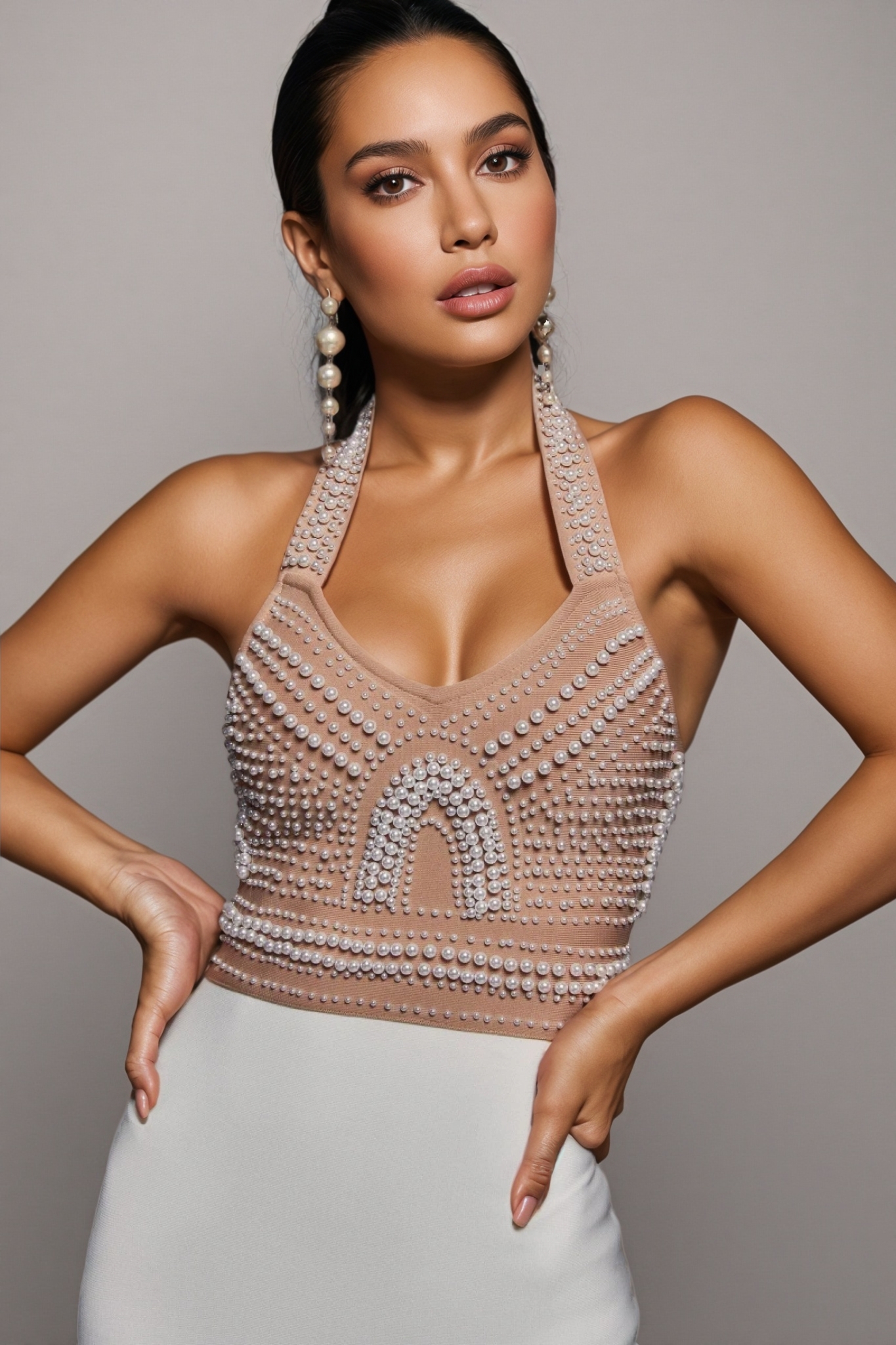 Nerida Pearl Halter Bandage Midi Dress - Beige