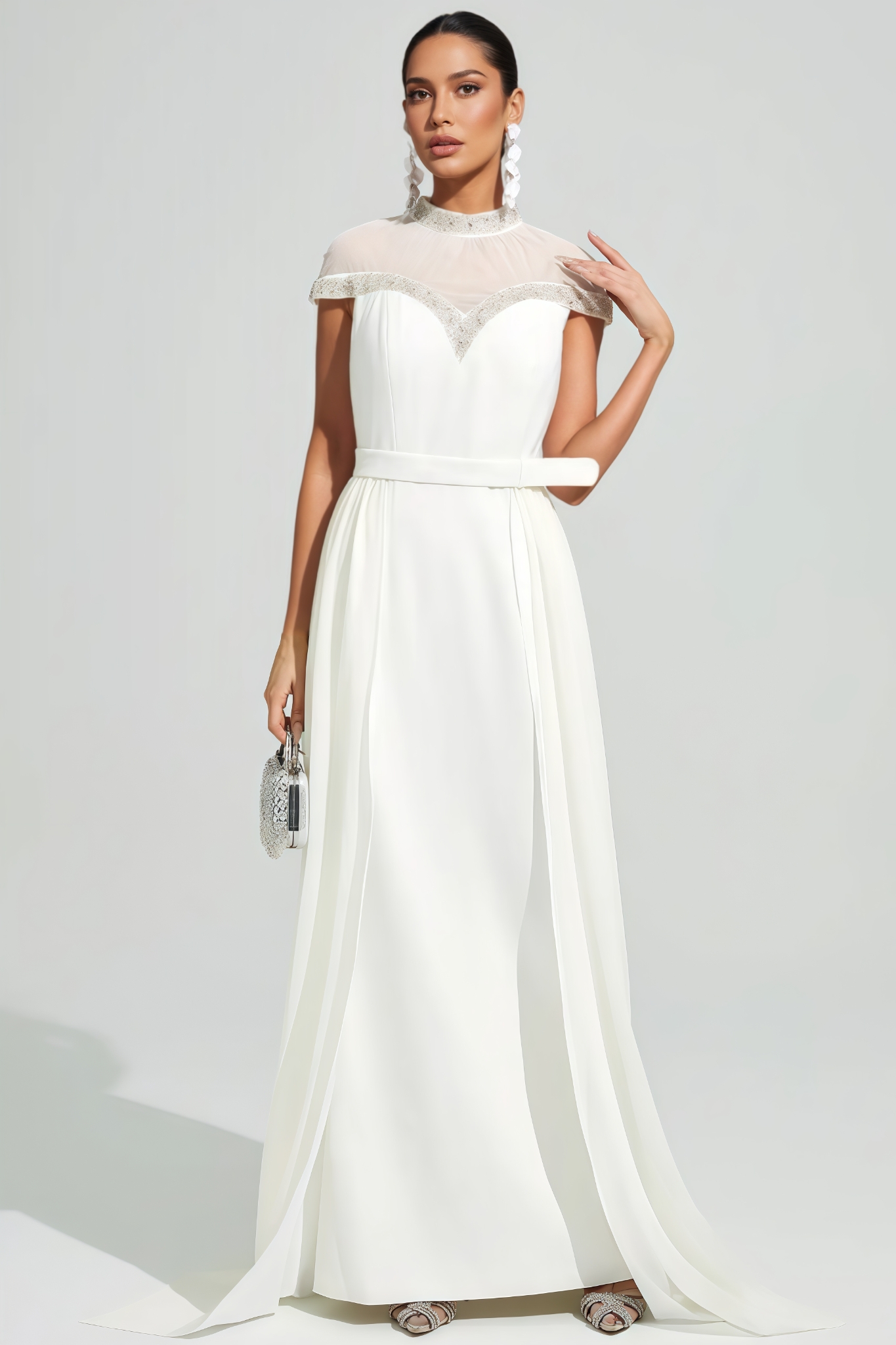Kliren White Rhinestone Mesh Maxi Dress
