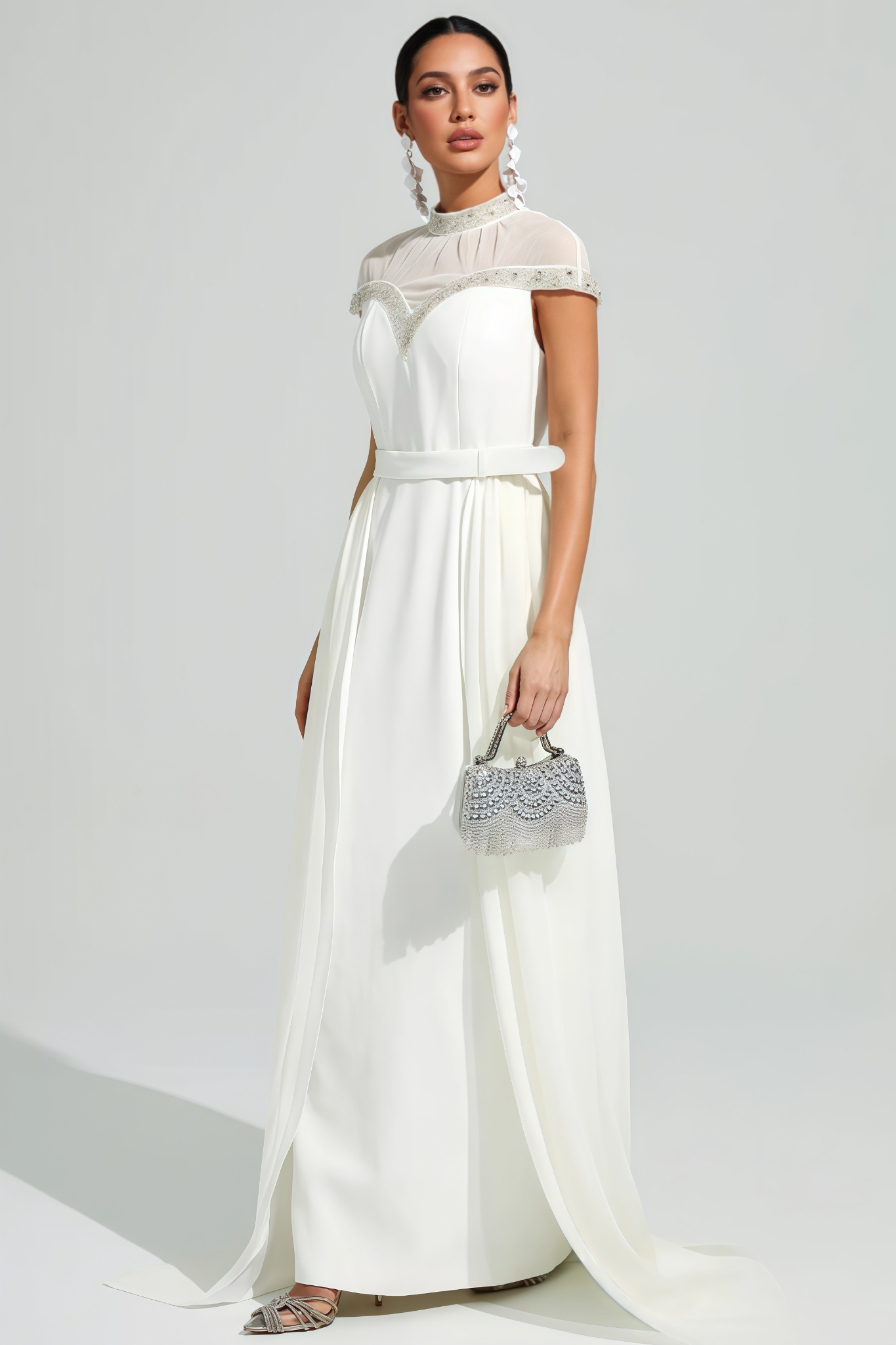 Kliren White Rhinestone Mesh Maxi Dress