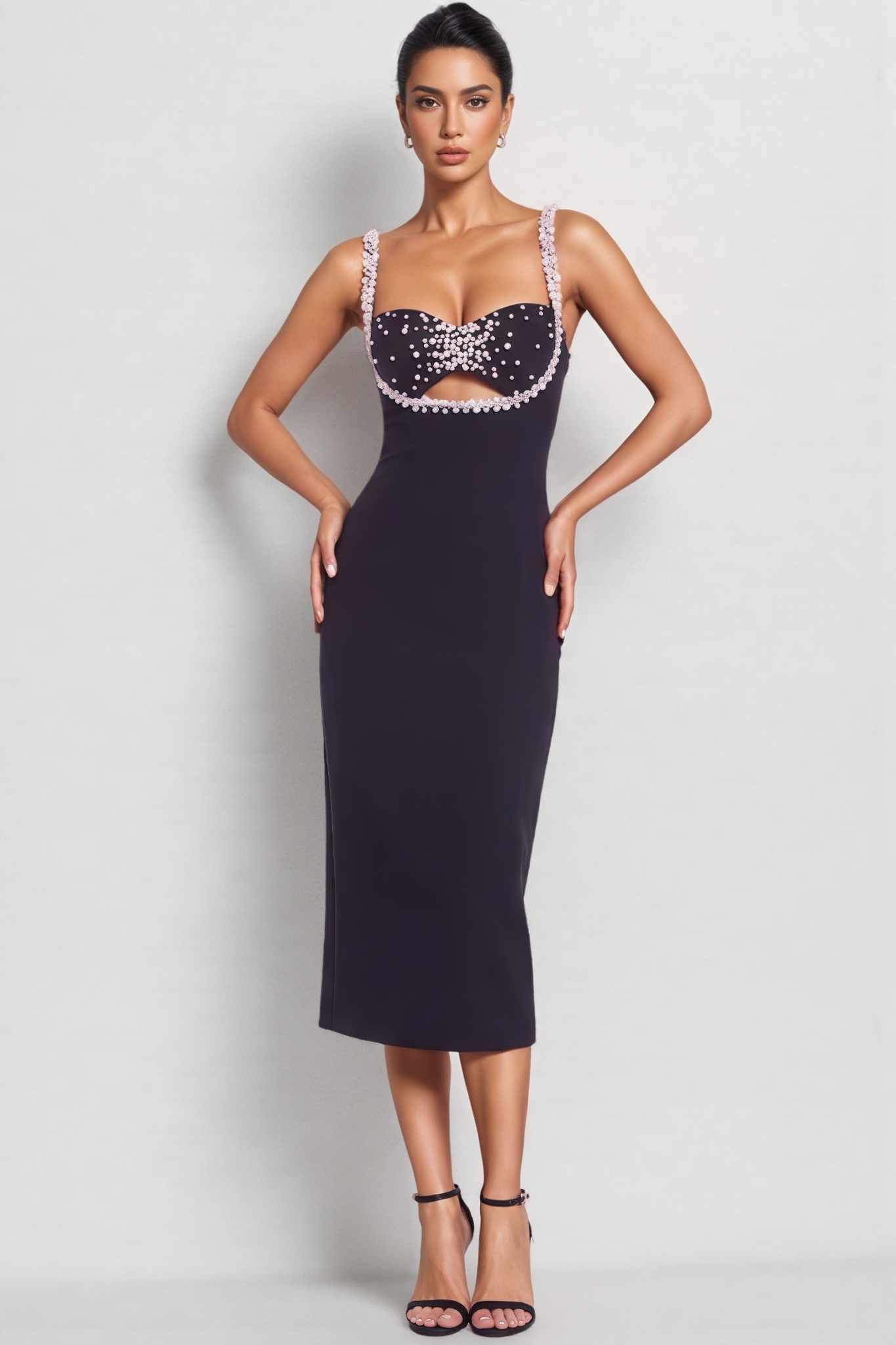 Ylvar Black Halter Pearl Bandage Midi Dress