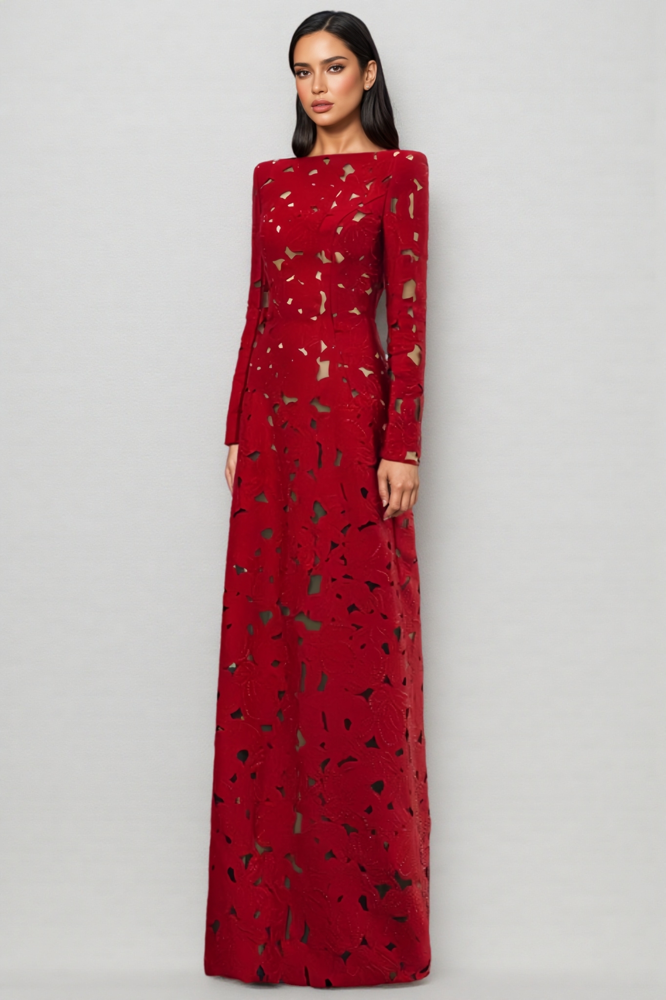 Elavry Red Long Sleeve Cut Out Maxi Dress