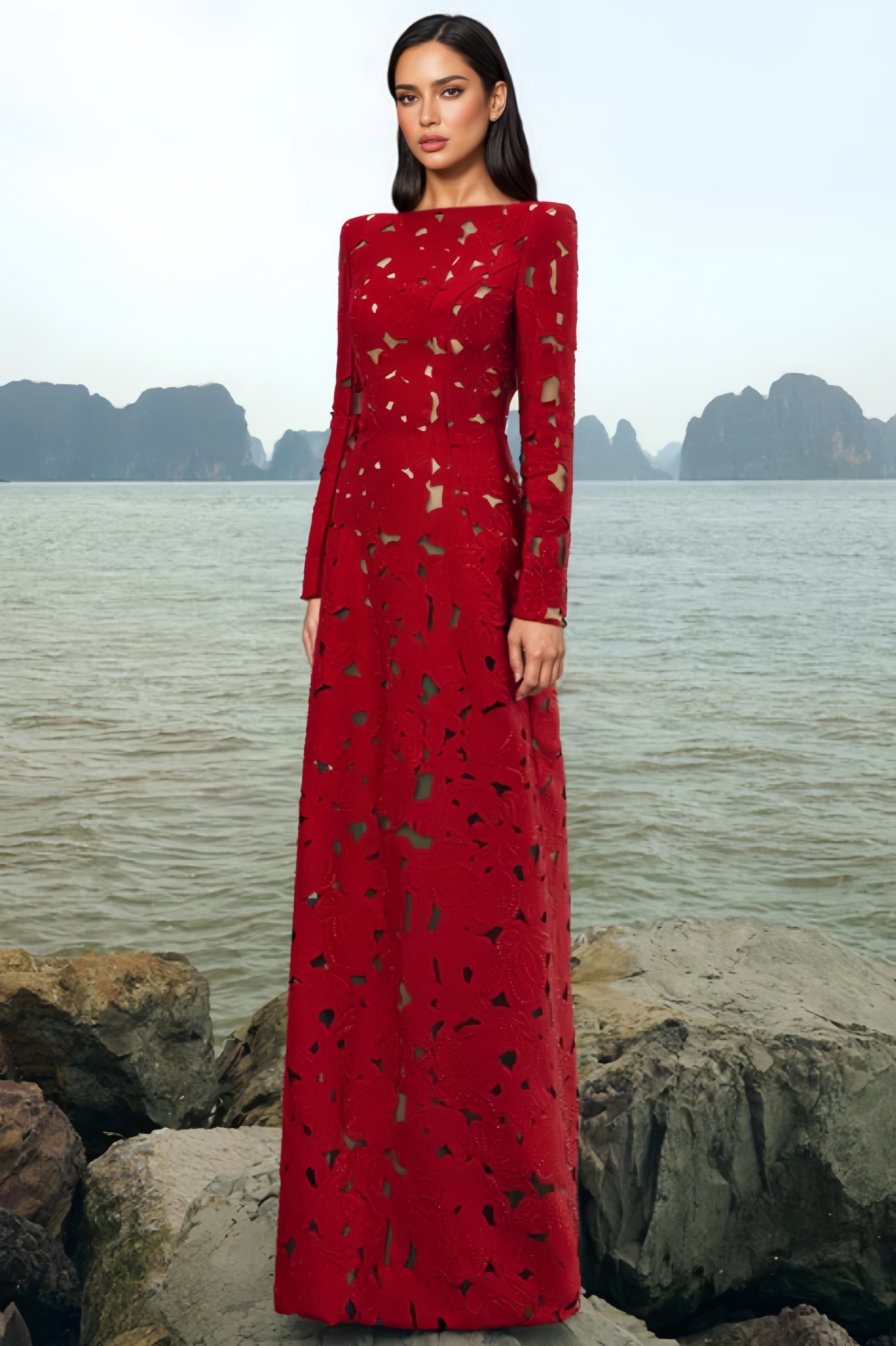 Elavry Red Long Sleeve Cut Out Maxi Dress