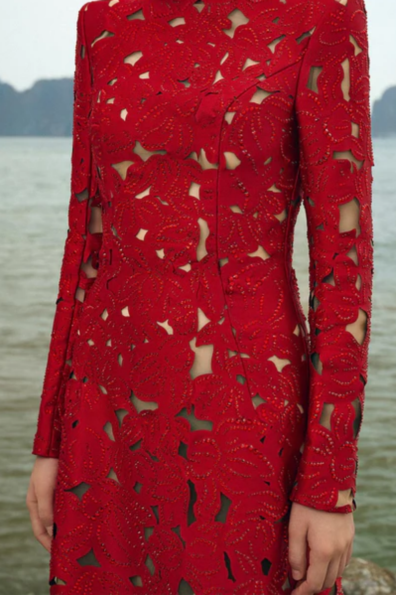 Elavry Red Long Sleeve Cut Out Maxi Dress