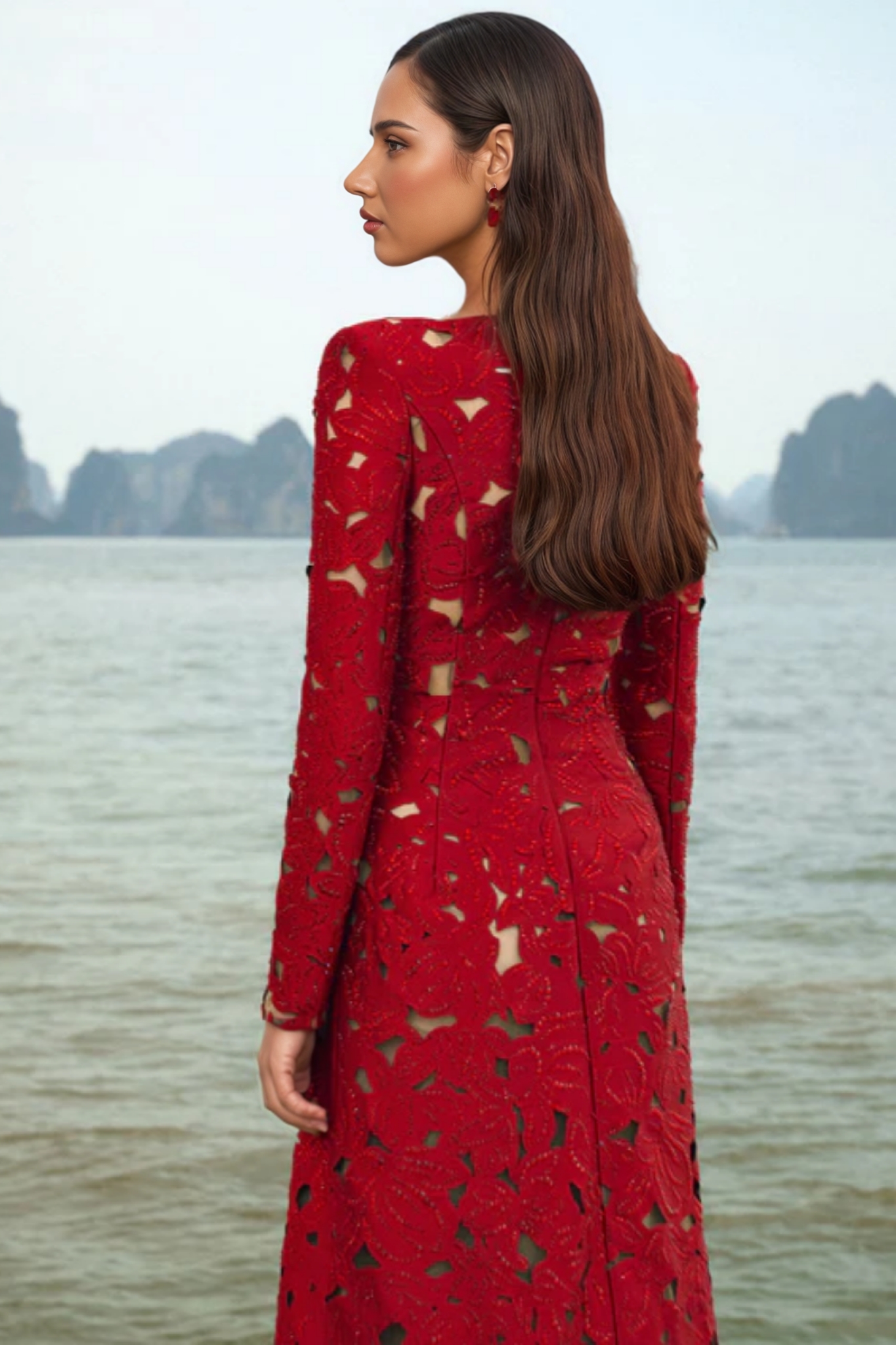 Elavry Red Long Sleeve Cut Out Maxi Dress