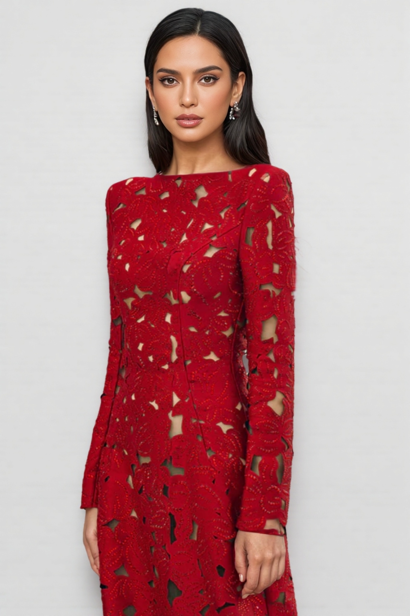 Elavry Red Long Sleeve Cut Out Maxi Dress