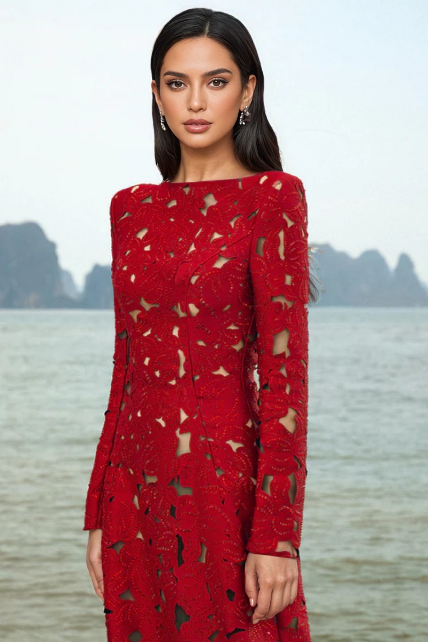 Elavry Red Long Sleeve Cut Out Maxi Dress