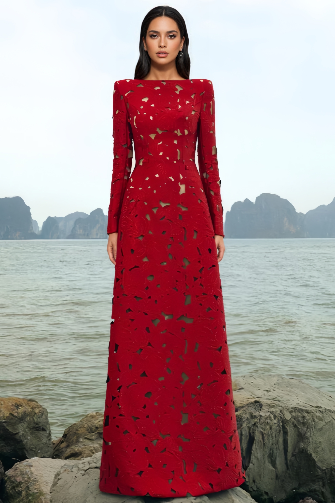 Elavry Red Long Sleeve Cut Out Maxi Dress