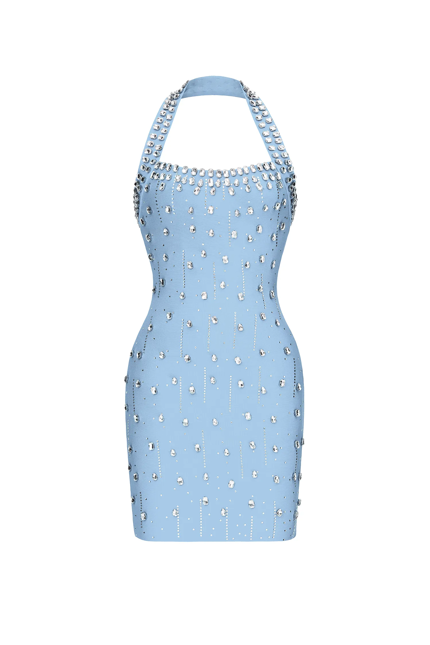 Fandora Blue Halter Neck Rhinestone Bandage Mini Dress
