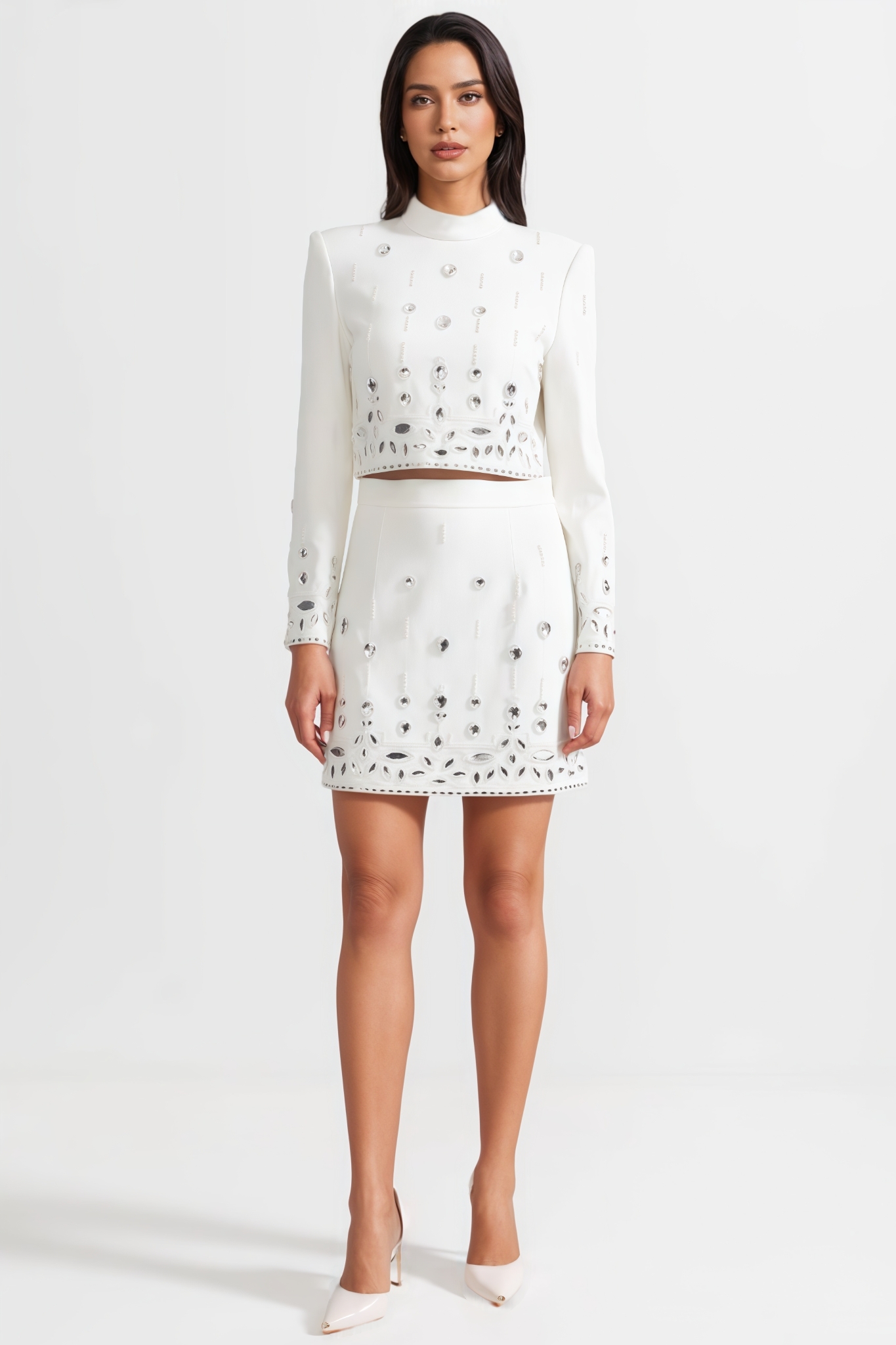 Luronlt White Diamond Embellished Mini Dress Set