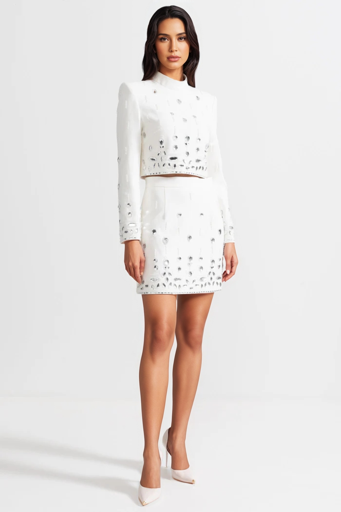 Luronlt White Diamond Embellished Mini Dress Set