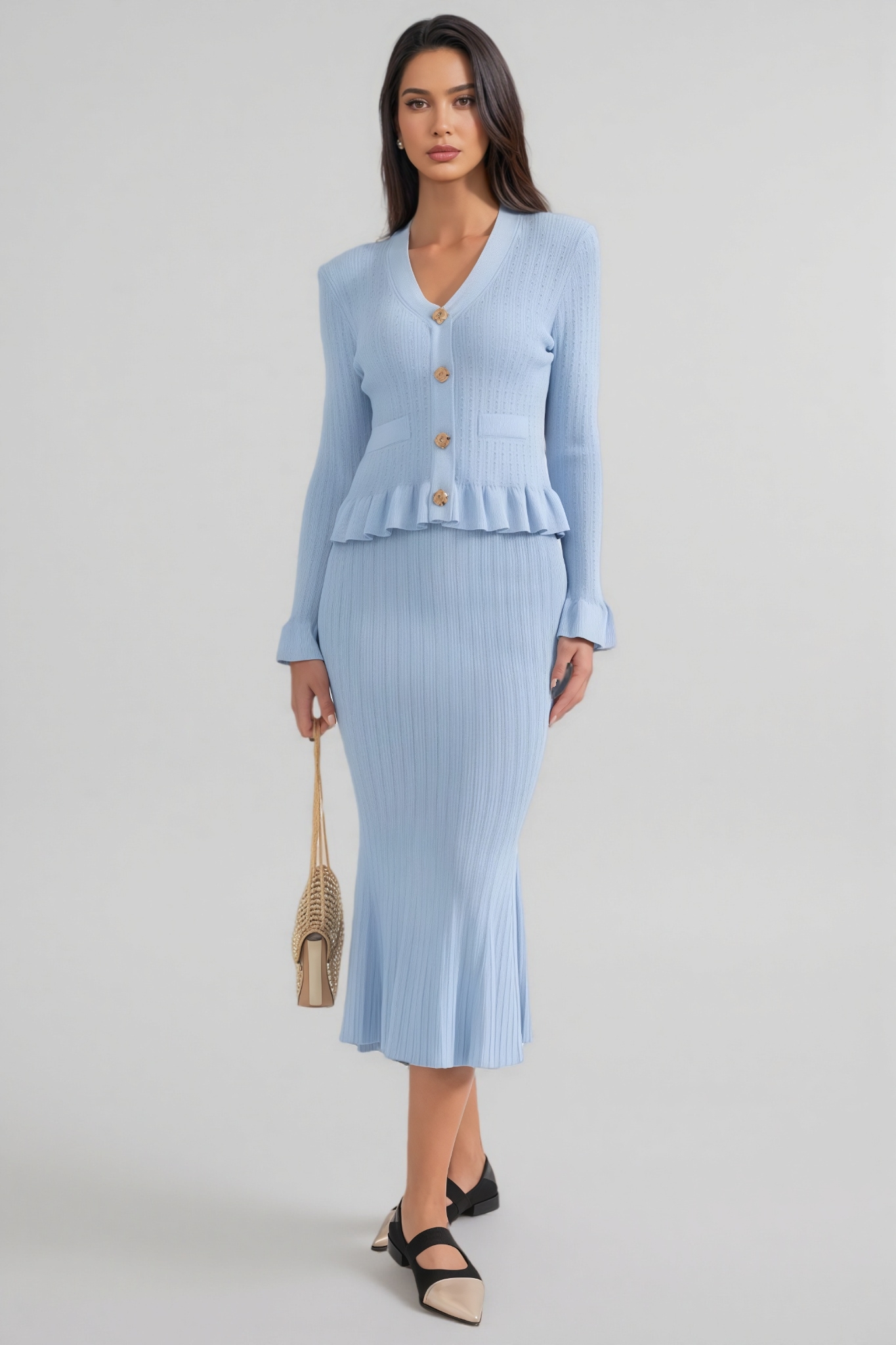Yuri Blue Long Sleeve Fishtail Midi Dress Set
