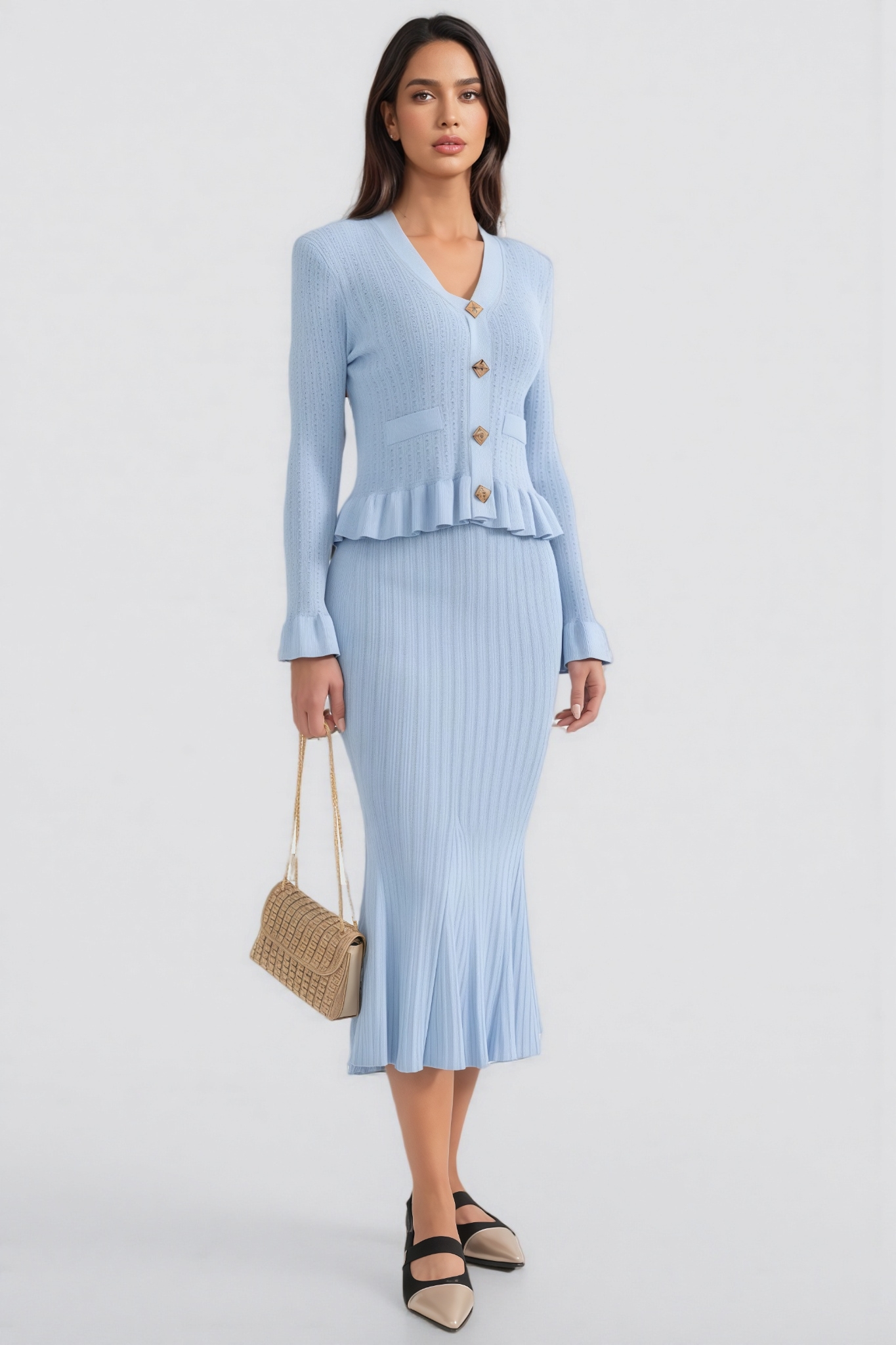 Yuri Blue Long Sleeve Fishtail Midi Dress Set