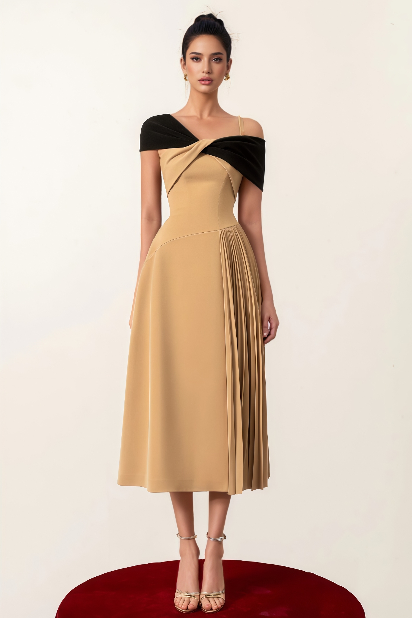 Sadity Khaki Pleated Midi Dress
