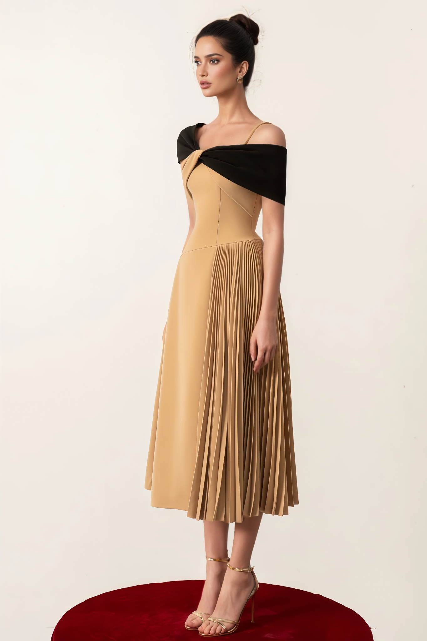 Sadity Khaki Pleated Midi Dress