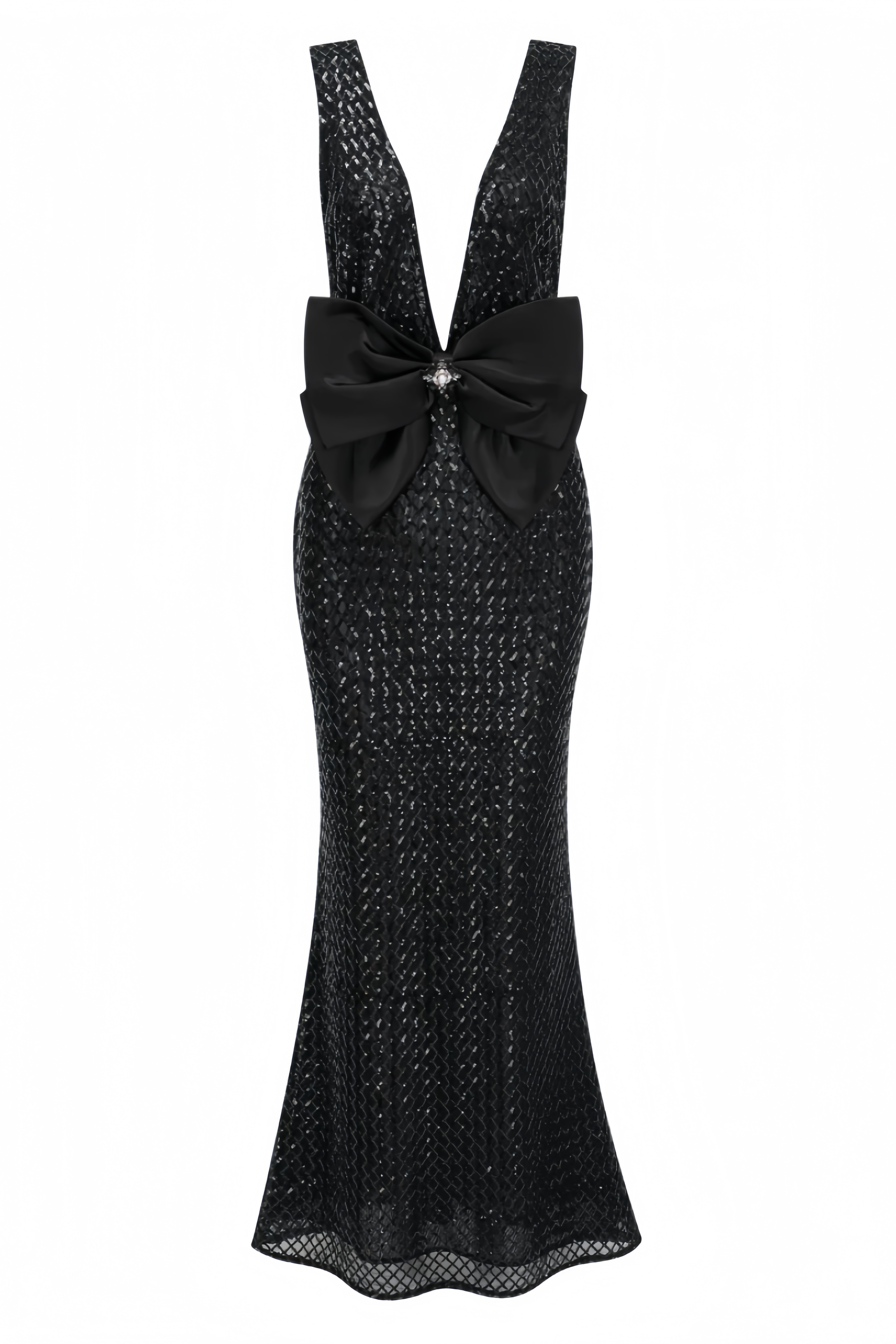 Gaelensd Black Bow Rhinestone V Neck Maxi Dress