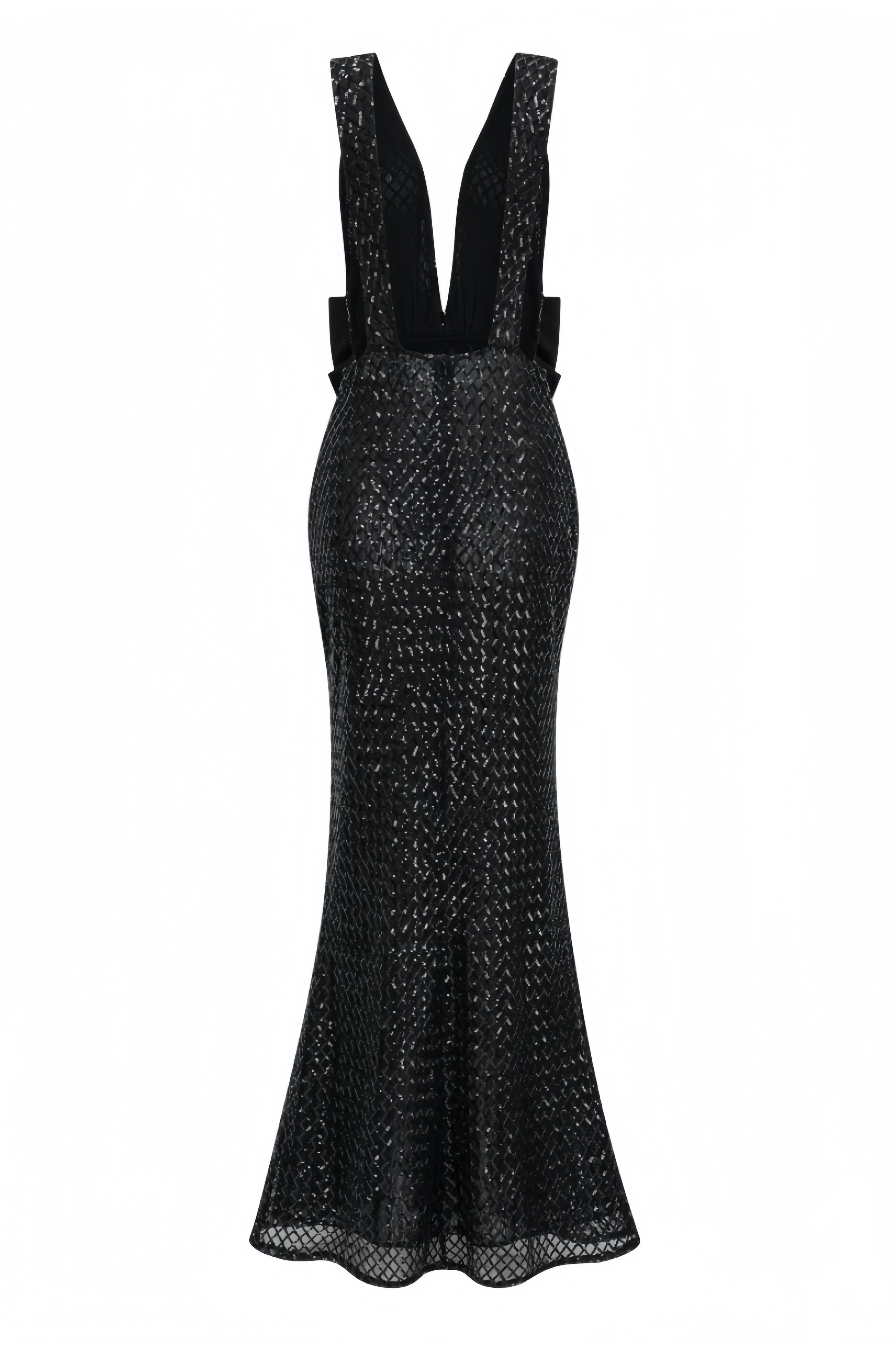 Gaelensd Black Bow Rhinestone V Neck Maxi Dress