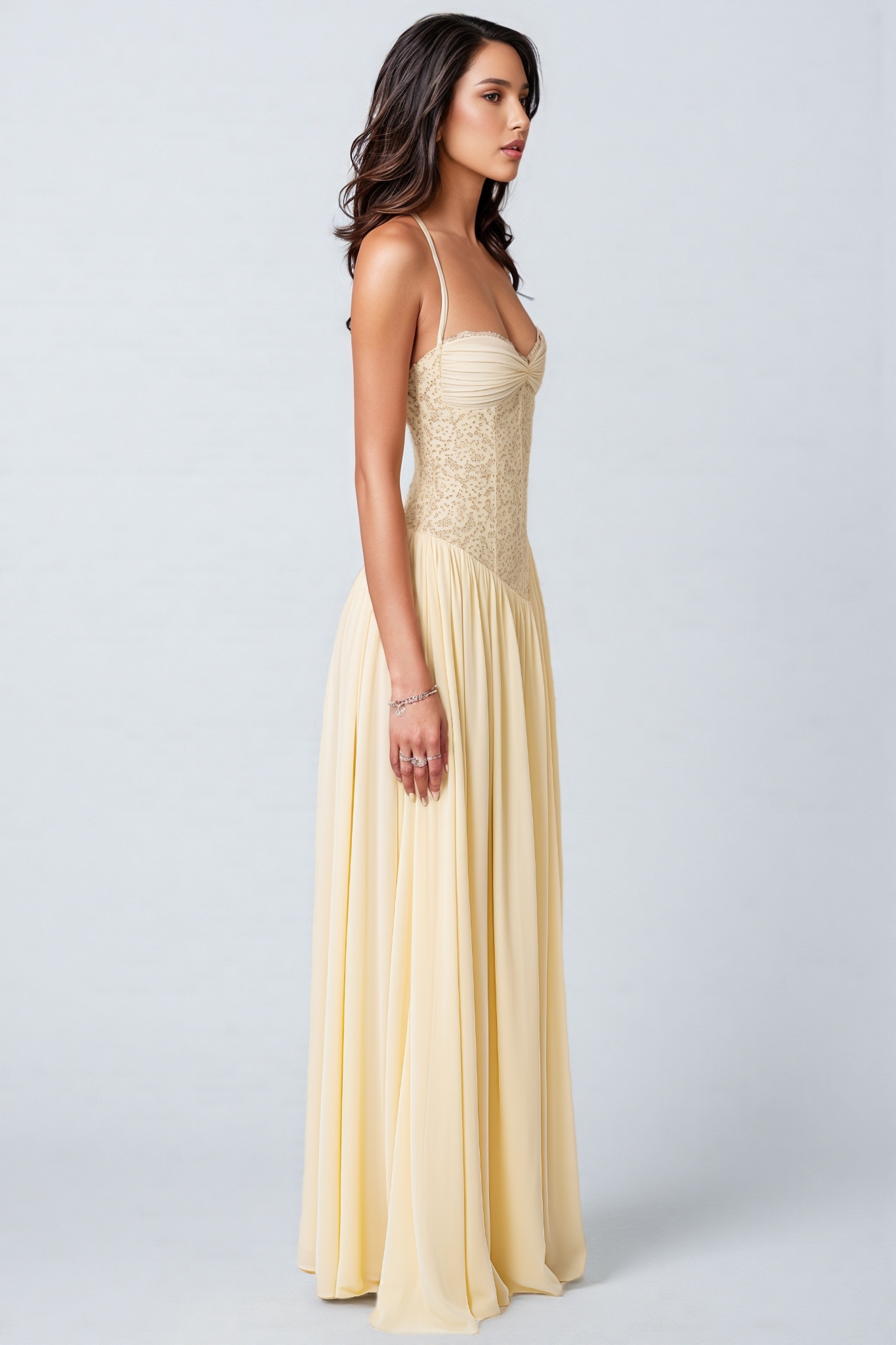 Medisan Yellow Halter Neck Lace Maxi Dress