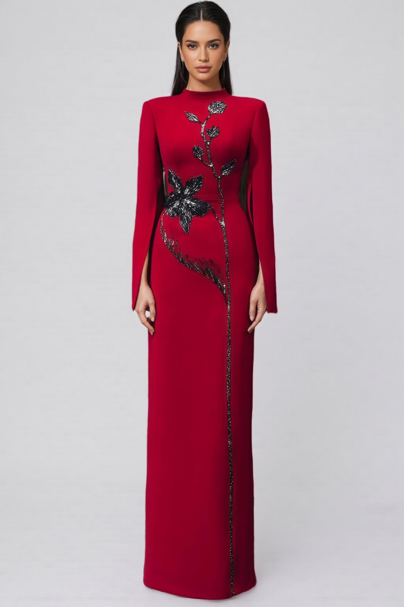 Brixa Red Cape Sleeve Back Slit Maxi Dress