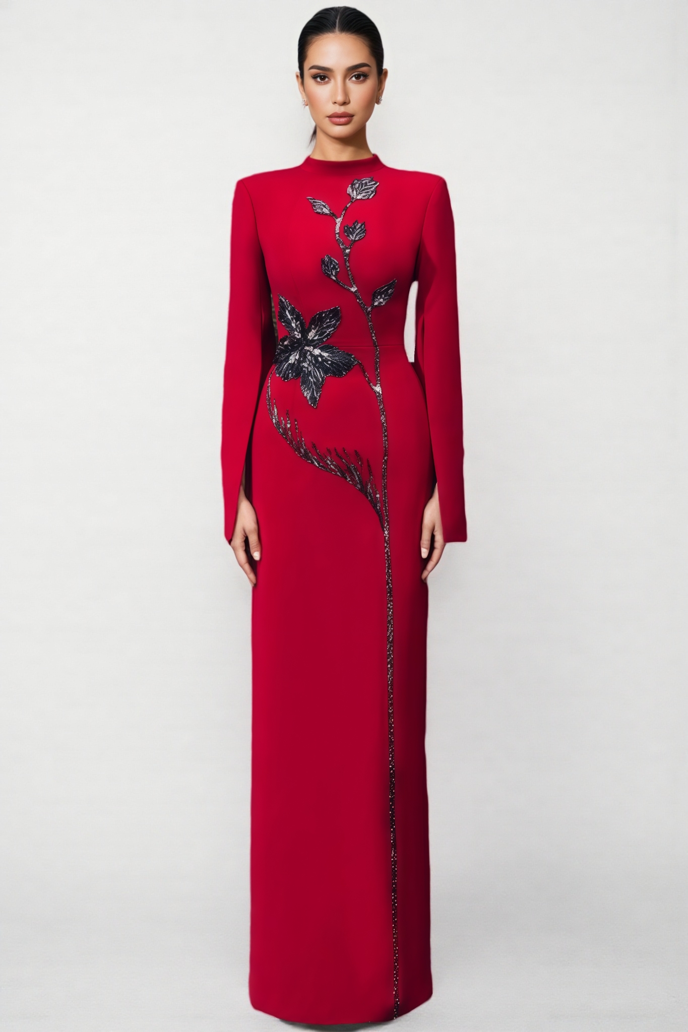 Brixa Red Cape Sleeve Back Slit Maxi Dress