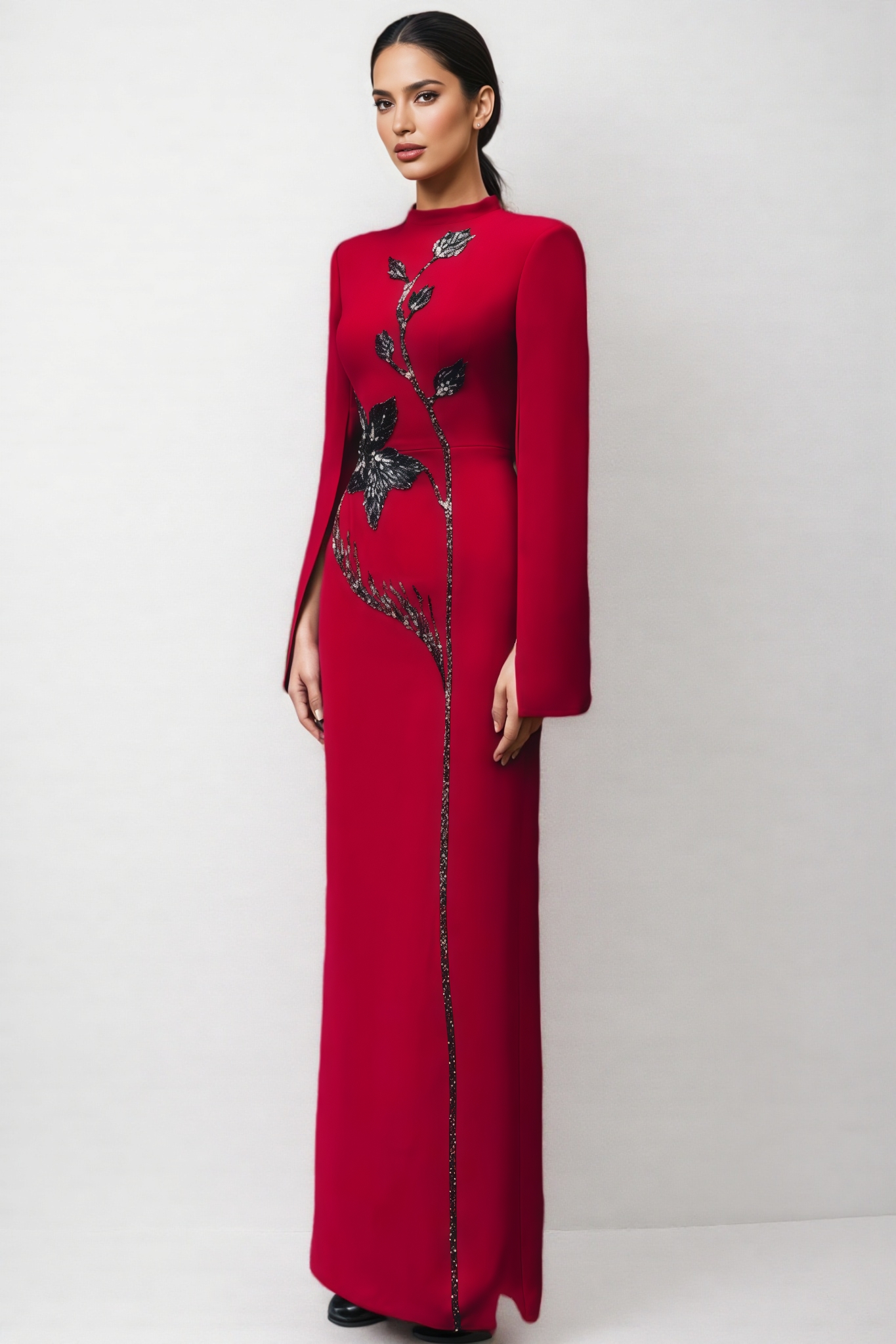 Brixa Red Cape Sleeve Back Slit Maxi Dress