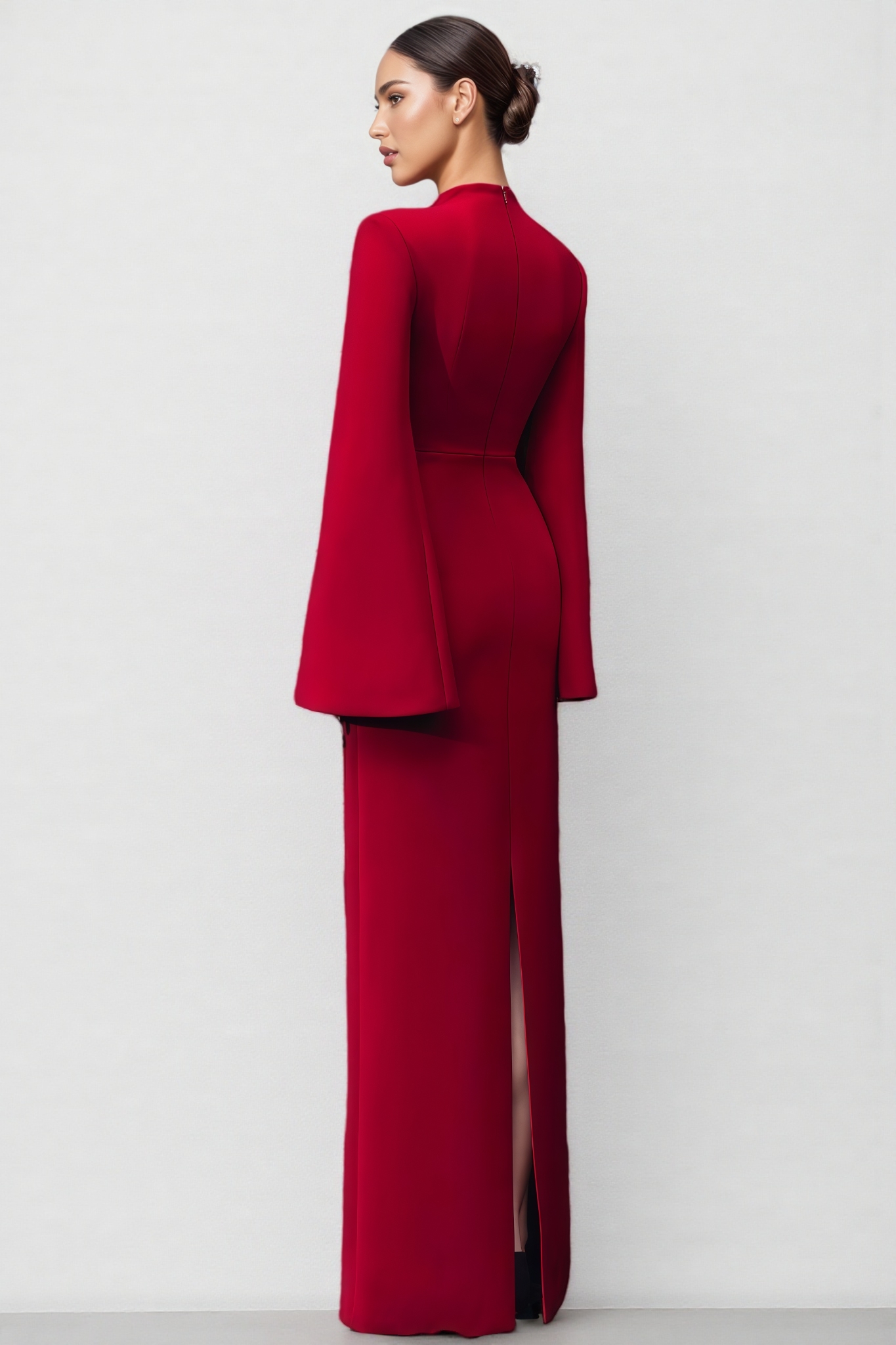 Brixa Red Cape Sleeve Back Slit Maxi Dress