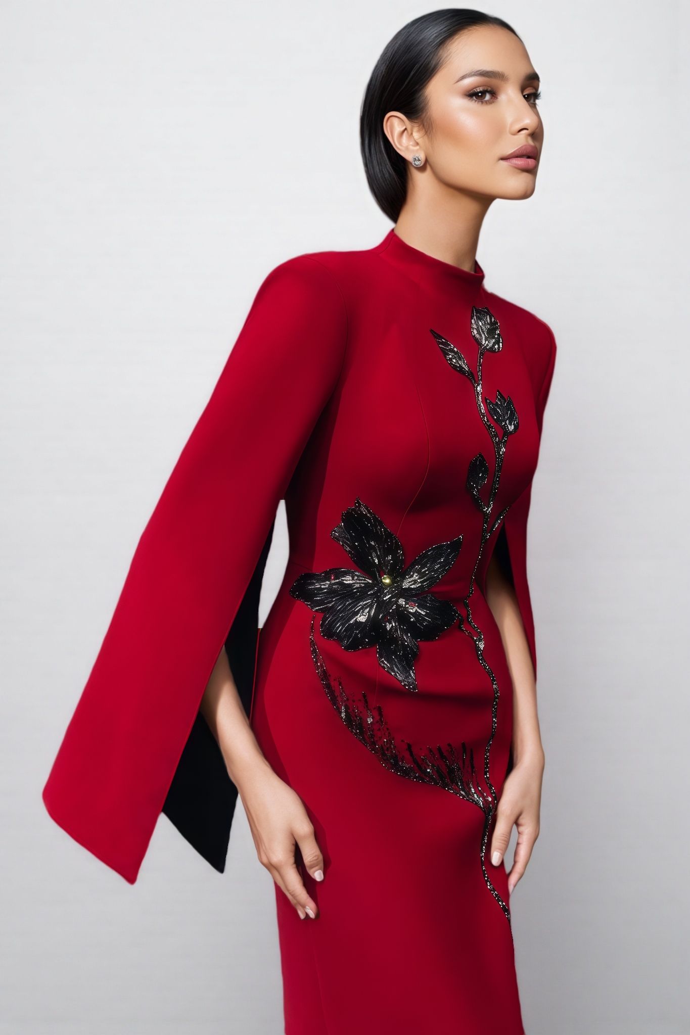 Brixa Red Cape Sleeve Back Slit Maxi Dress