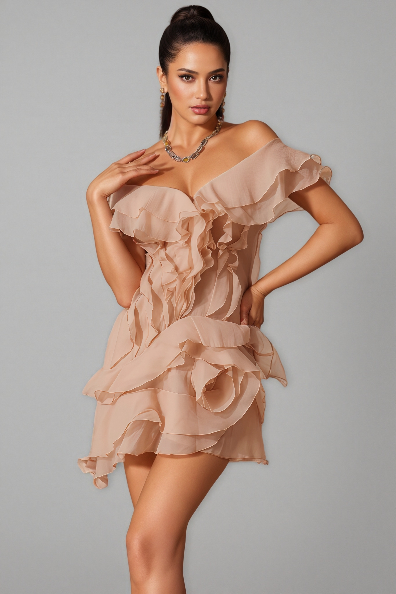 Xexelle V Neck Ruffle Mini Dress