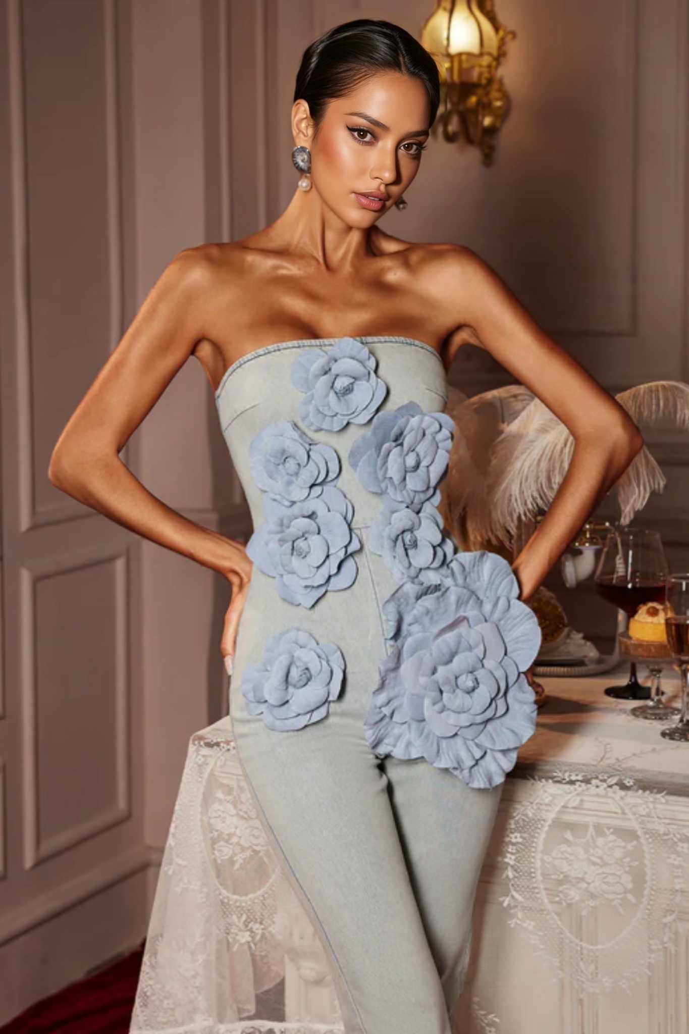 Torin Strapless Flower Denim Jumpsuit
