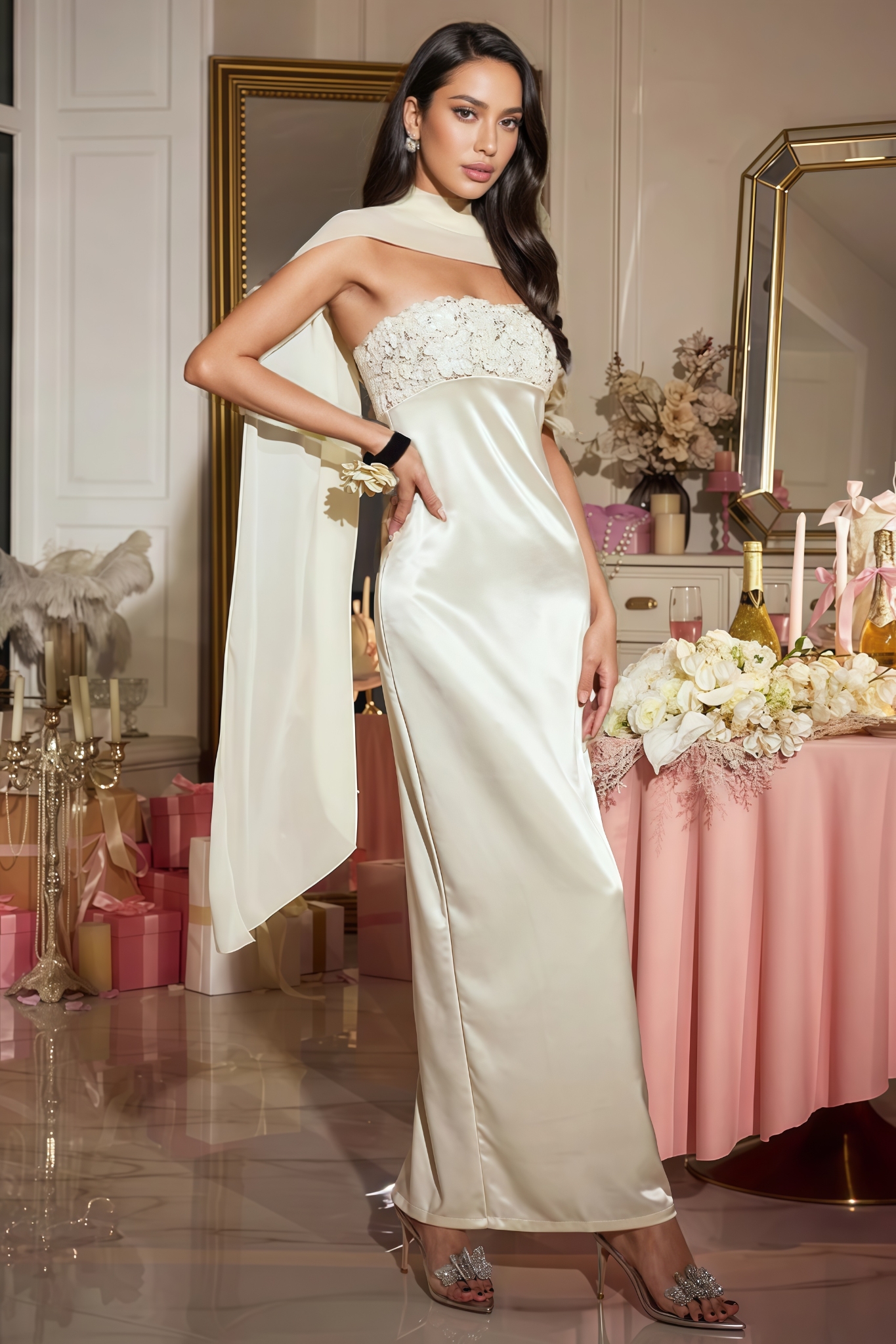 Adisne Flower Sequin Satin Maxi Dress