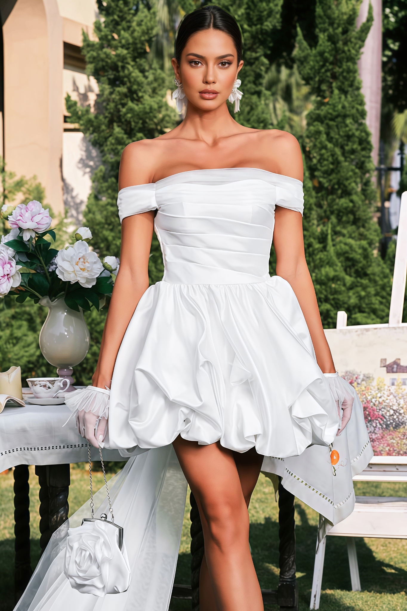 Alexan White Off-the-Shoulder Satin Mini Dress