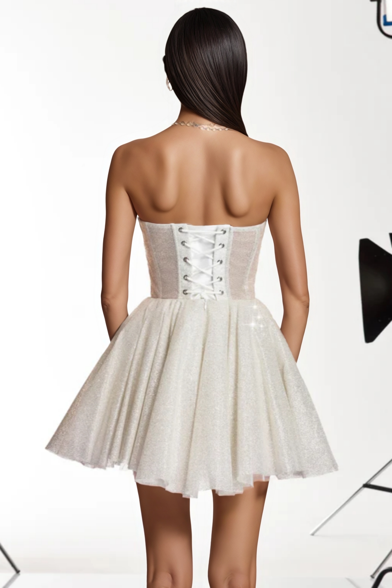 Penlop White Strapless Glitter Corset Mini Dress