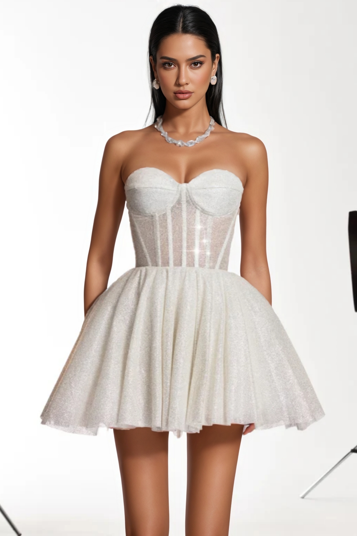 Penlop White Strapless Glitter Corset Mini Dress