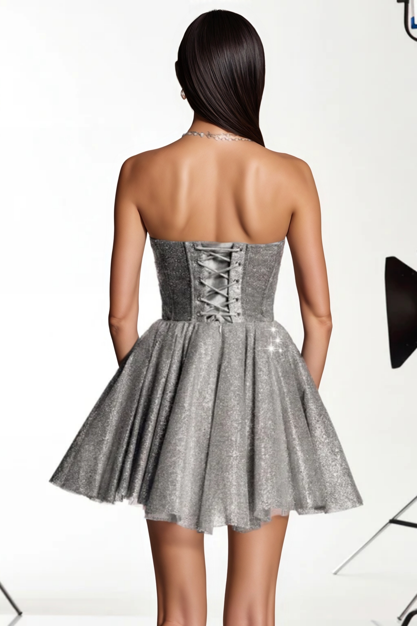 Alerxy Grey Strapless Glitter Corset Mini Dress