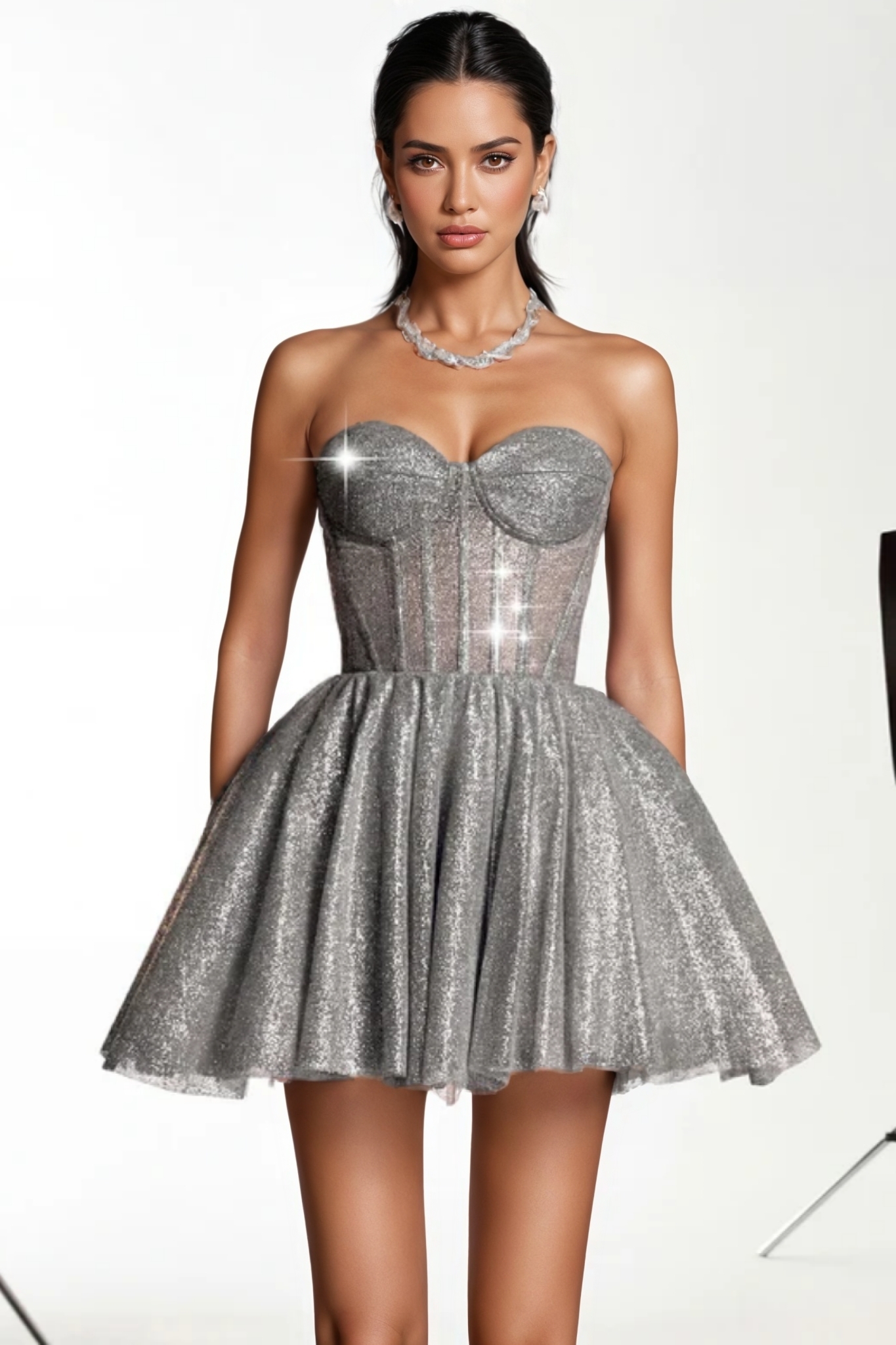 Alerxy Grey Strapless Glitter Corset Mini Dress