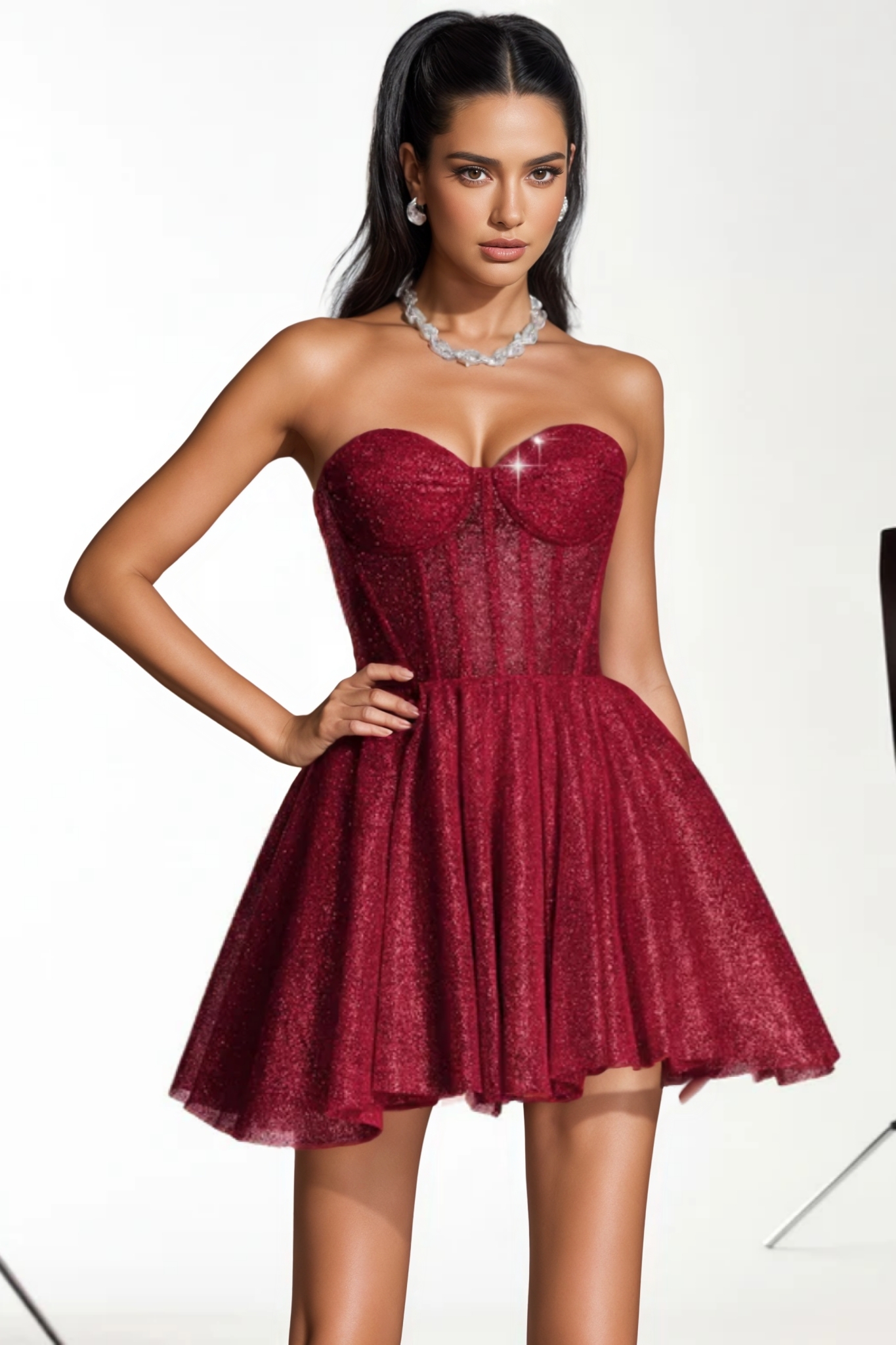 Eliry Red Strapless Glitter Corset Mini Dress