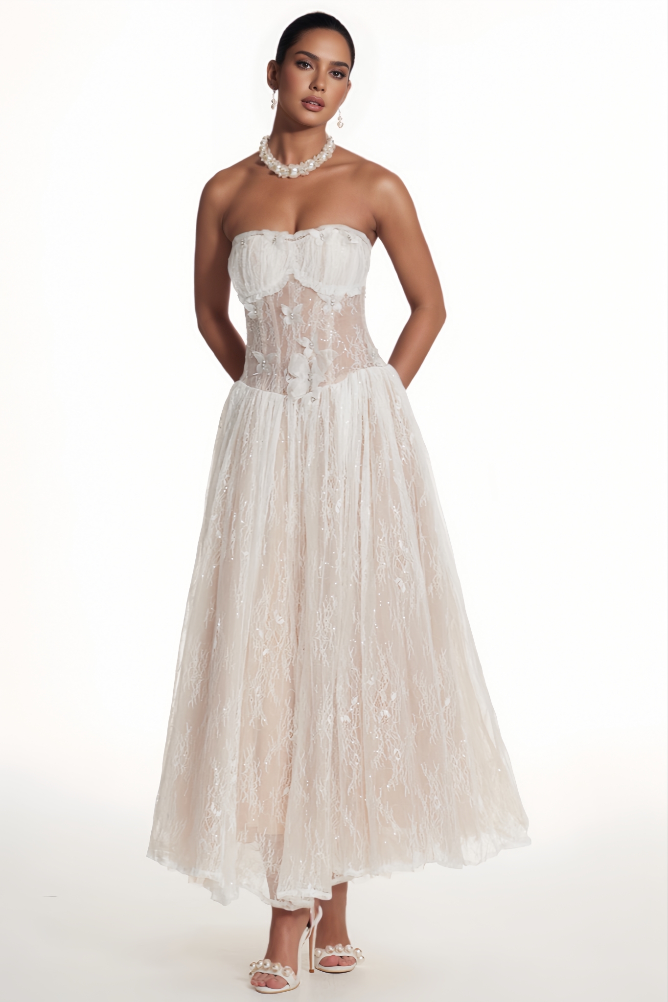 Lessamine White Strapless Butterfly Lace Maxi Dress