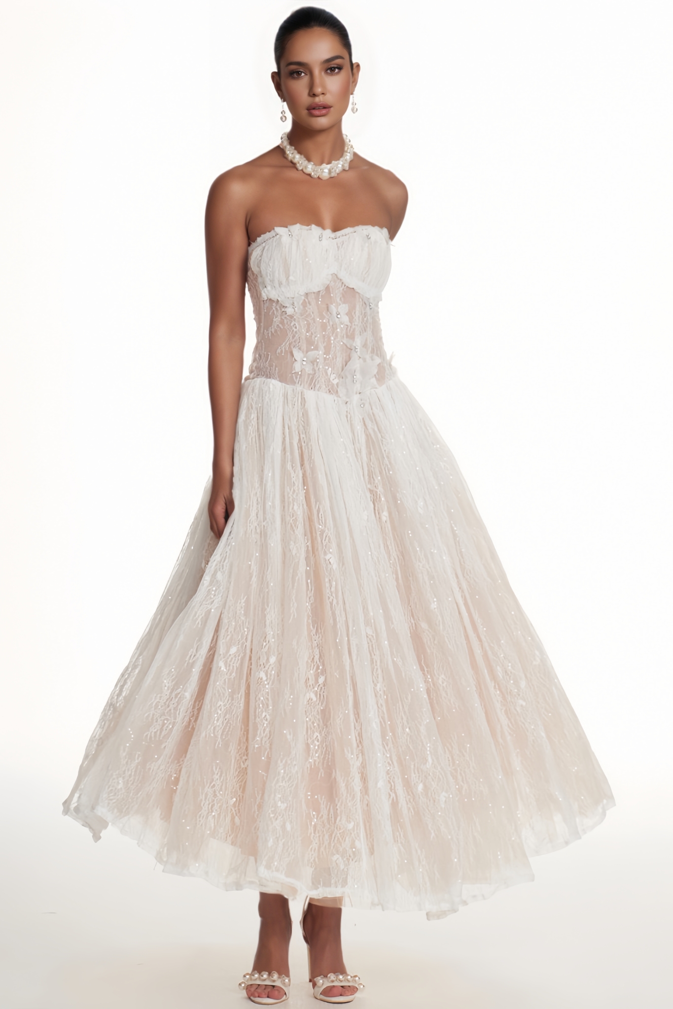 Lessamine White Strapless Butterfly Lace Maxi Dress
