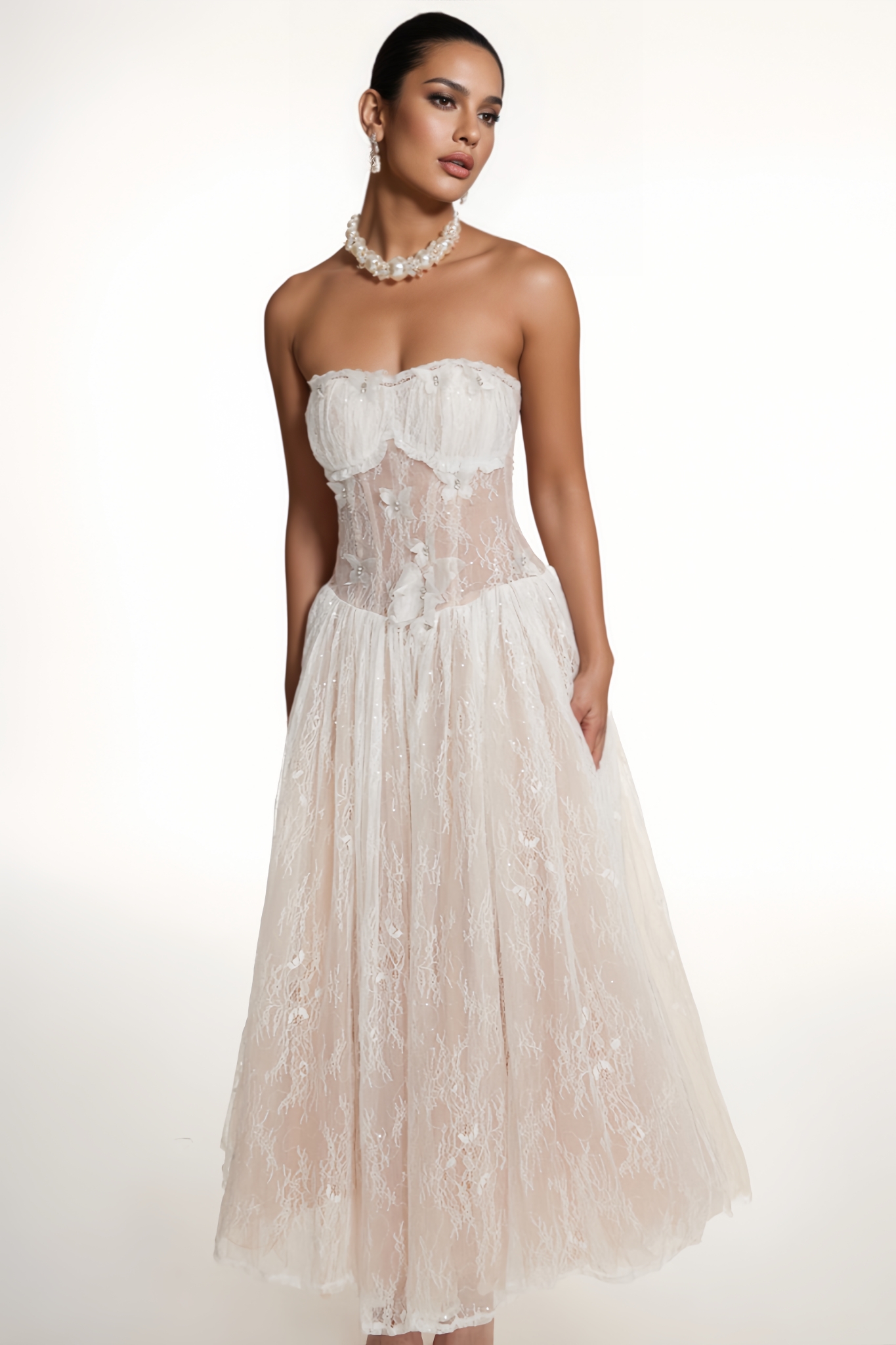 Lessamine White Strapless Butterfly Lace Maxi Dress