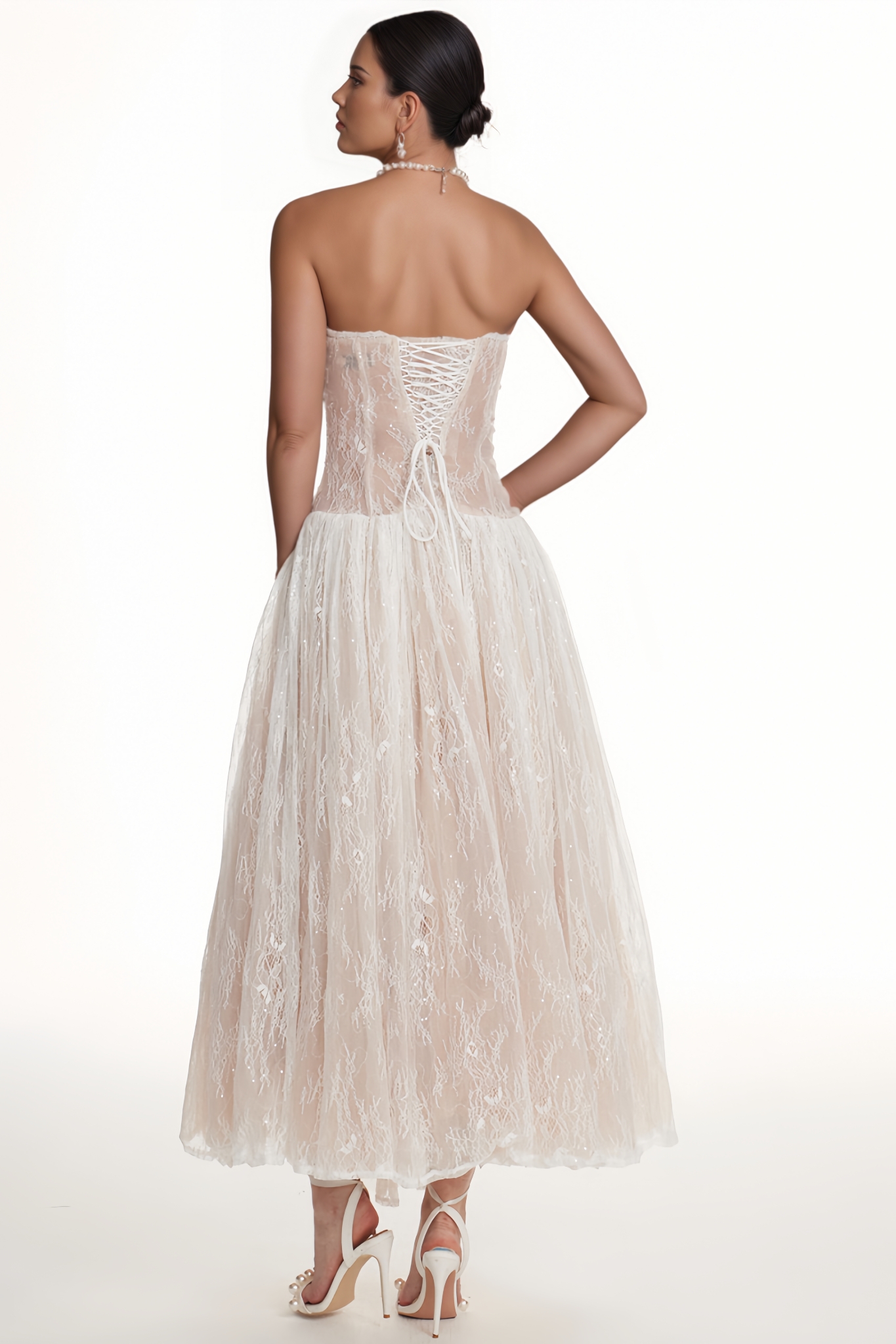 Lessamine White Strapless Butterfly Lace Maxi Dress