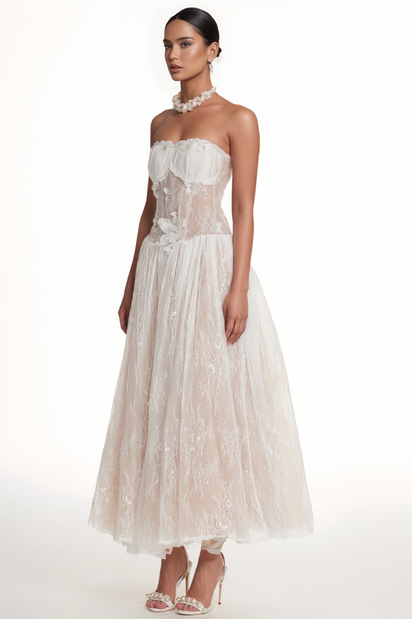 Lessamine White Strapless Butterfly Lace Maxi Dress