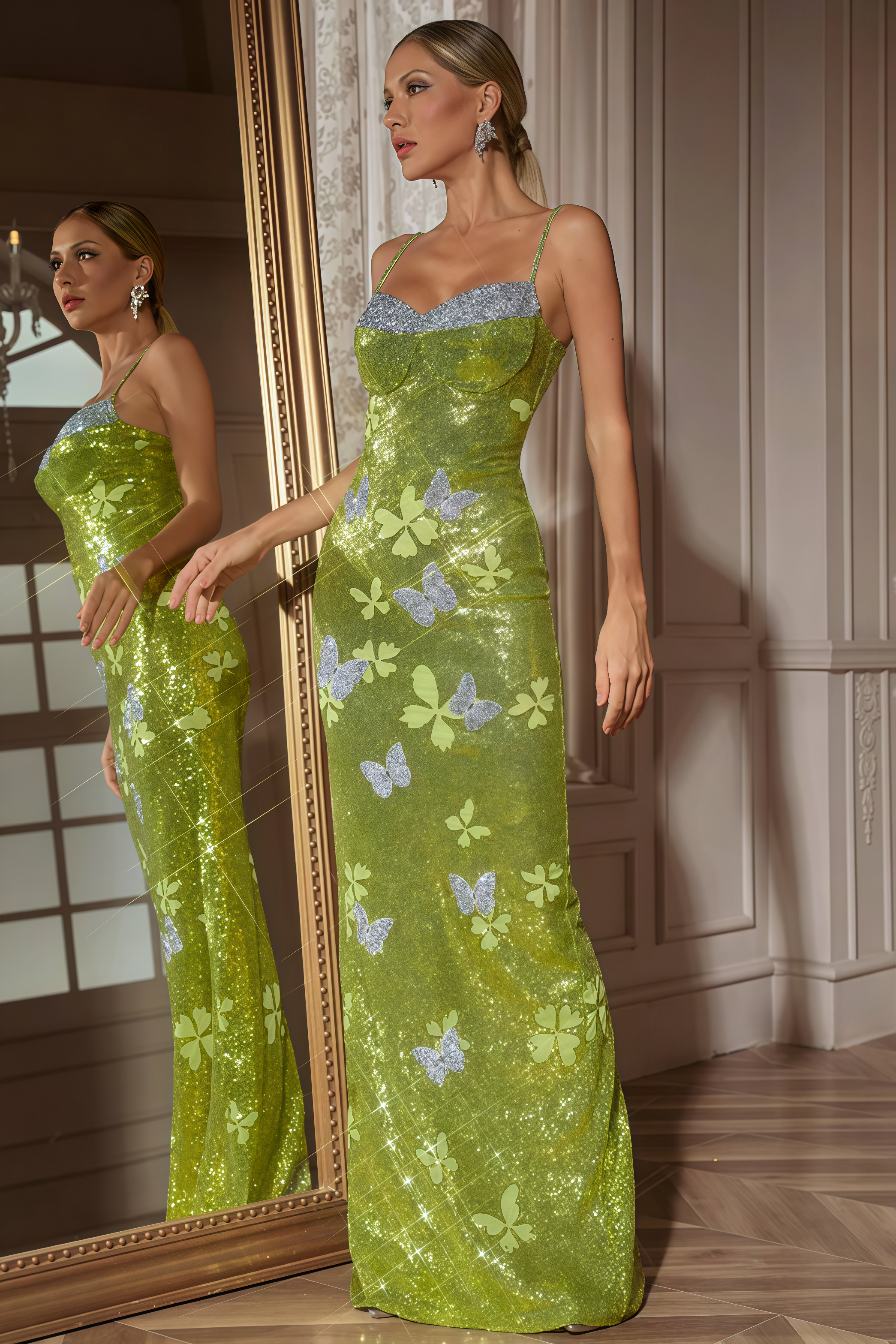 Padend Butterfly Rhinestone Sequin Maxi Dress