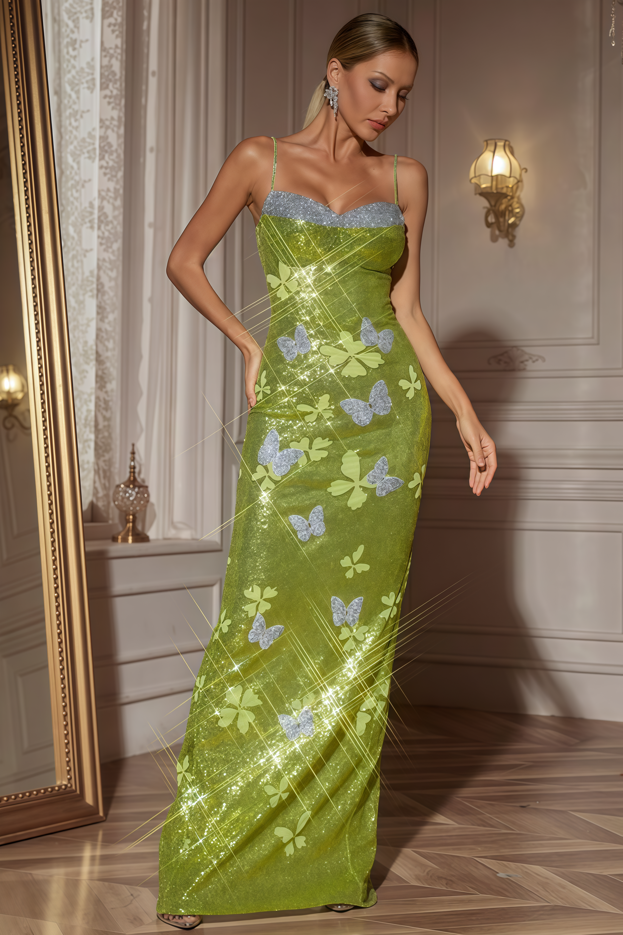 Padend Butterfly Rhinestone Sequin Maxi Dress