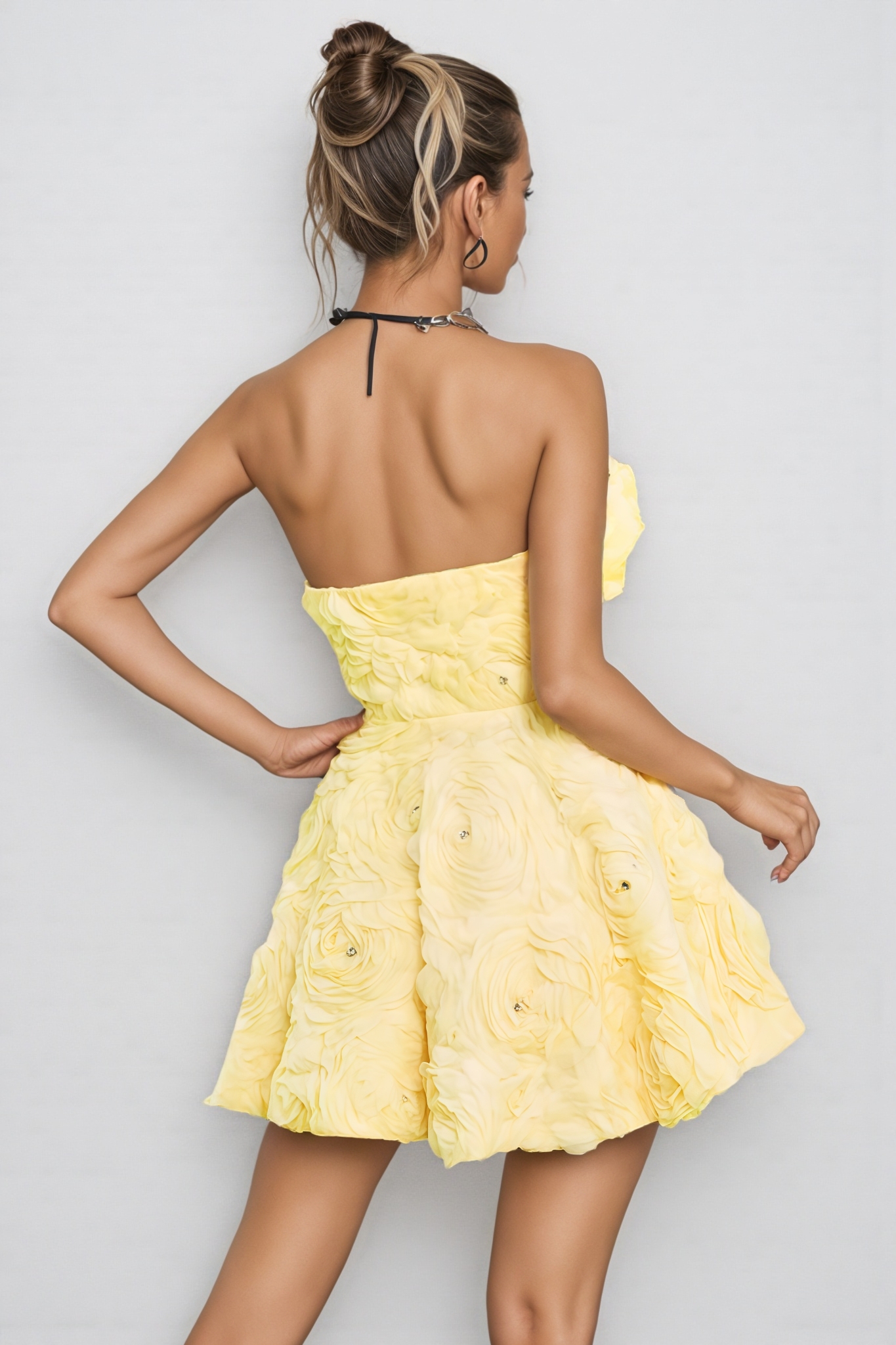 Nomi Yellow Strapless Flower Rhinestone Mini Dress