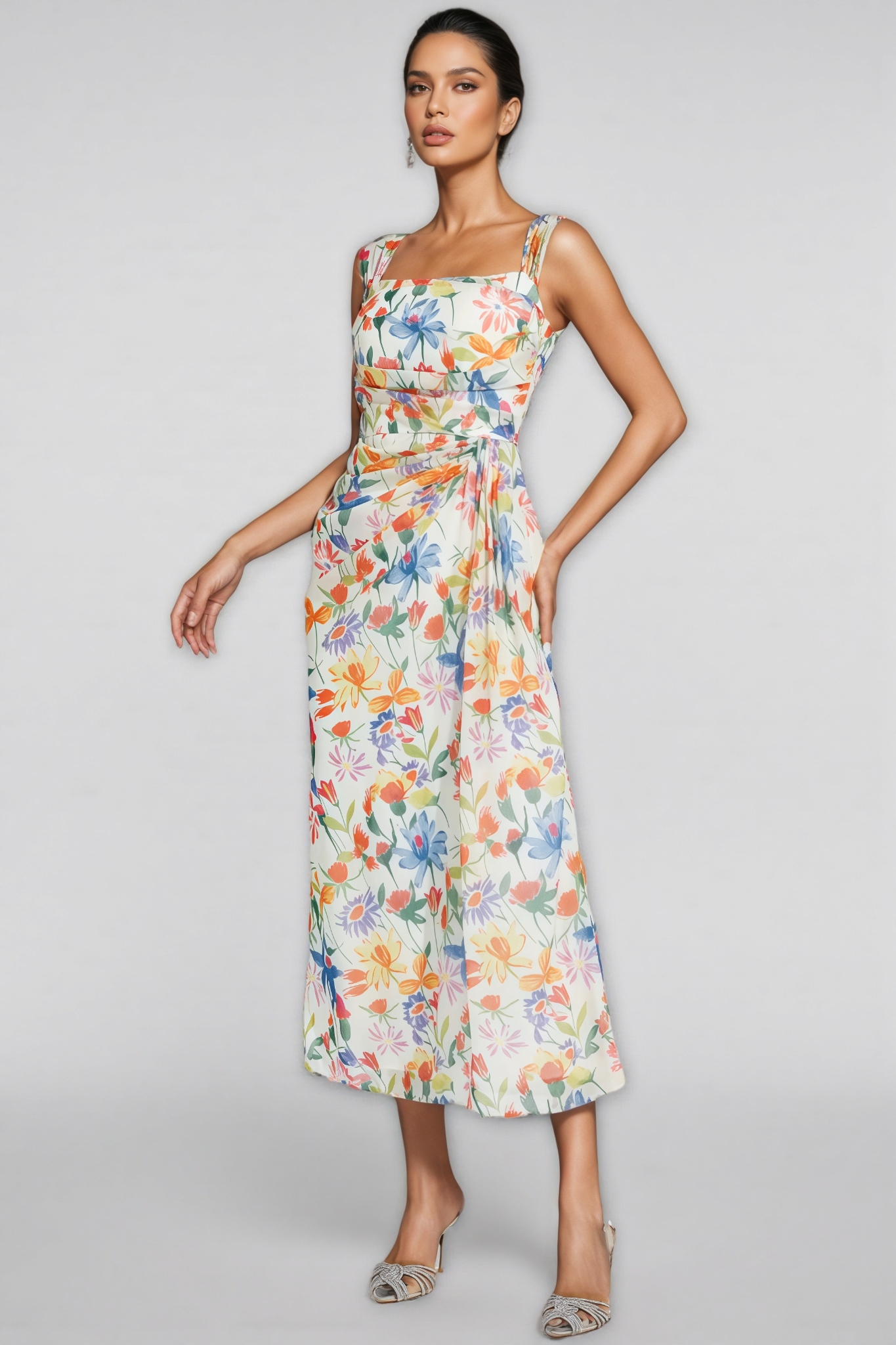 Mylel Orange Flower Waist-cinching Maxi Dress