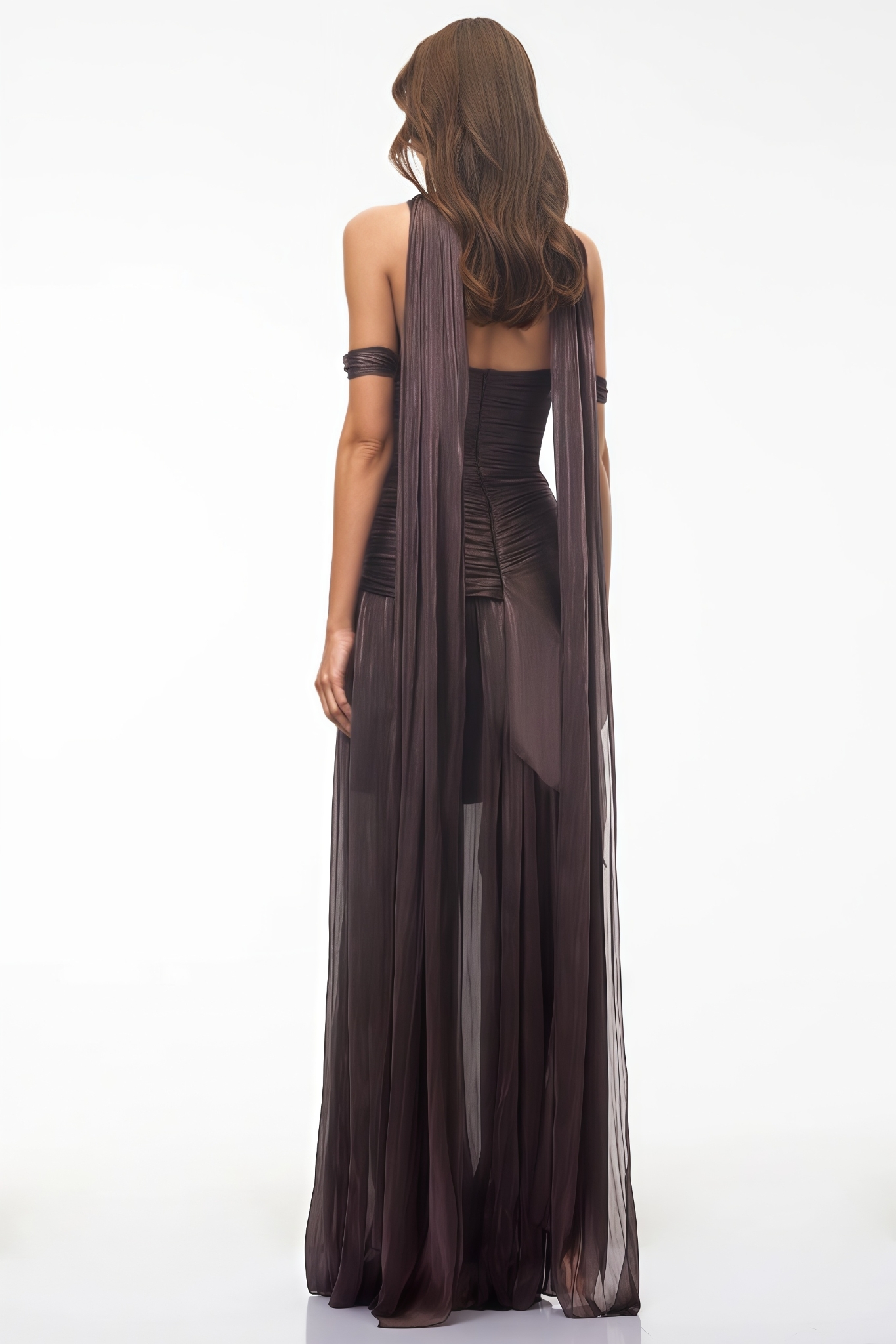 Evadrly Brown Off Shoulder Ruched Maxi Dress